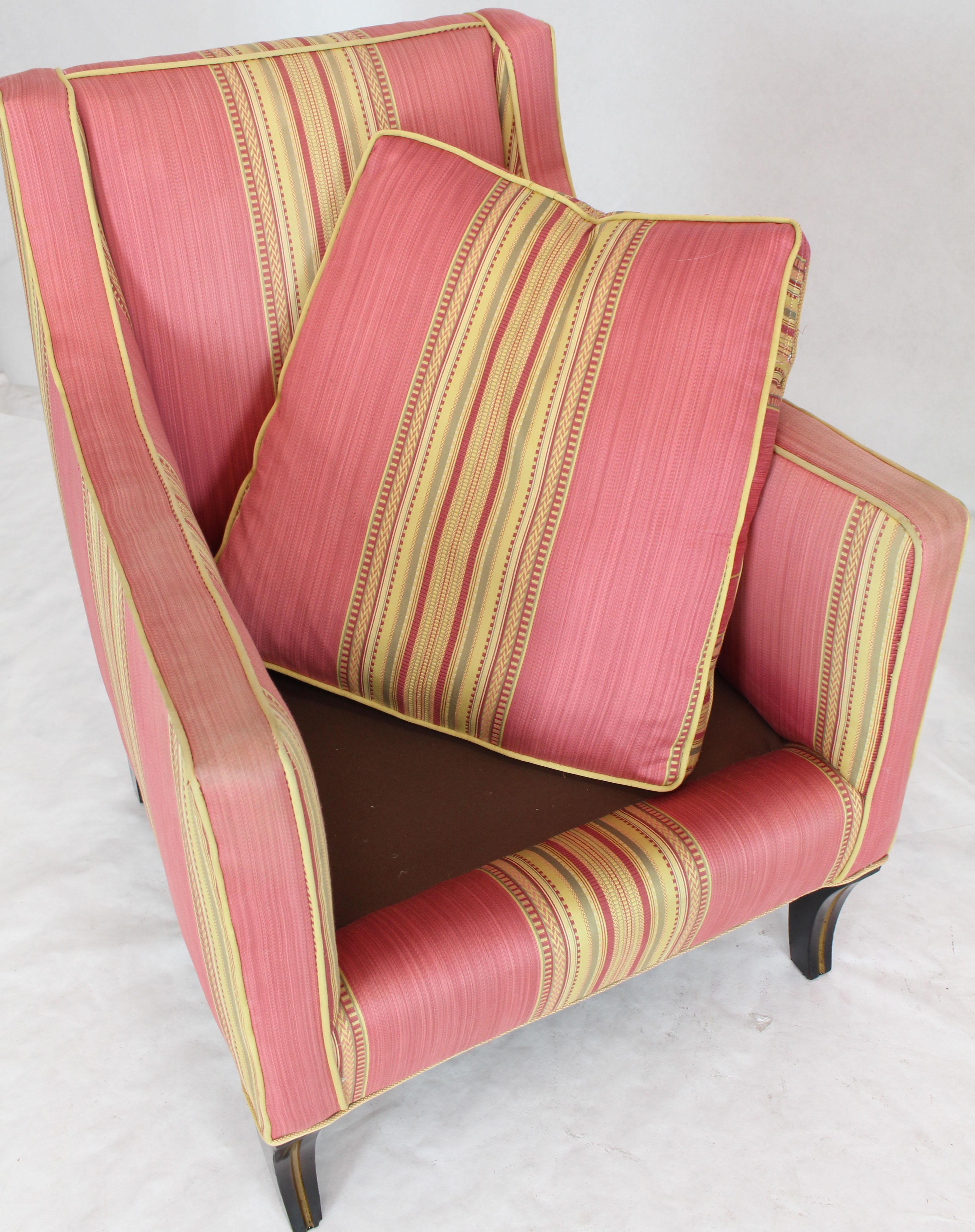 Pair of Deco or neoclassical armchairs in red and yellow silk. Sabre mahogany and gold legs. Study heavy frame construction. Down filled cushions offer very comfortable seating with great back support. Compact design.