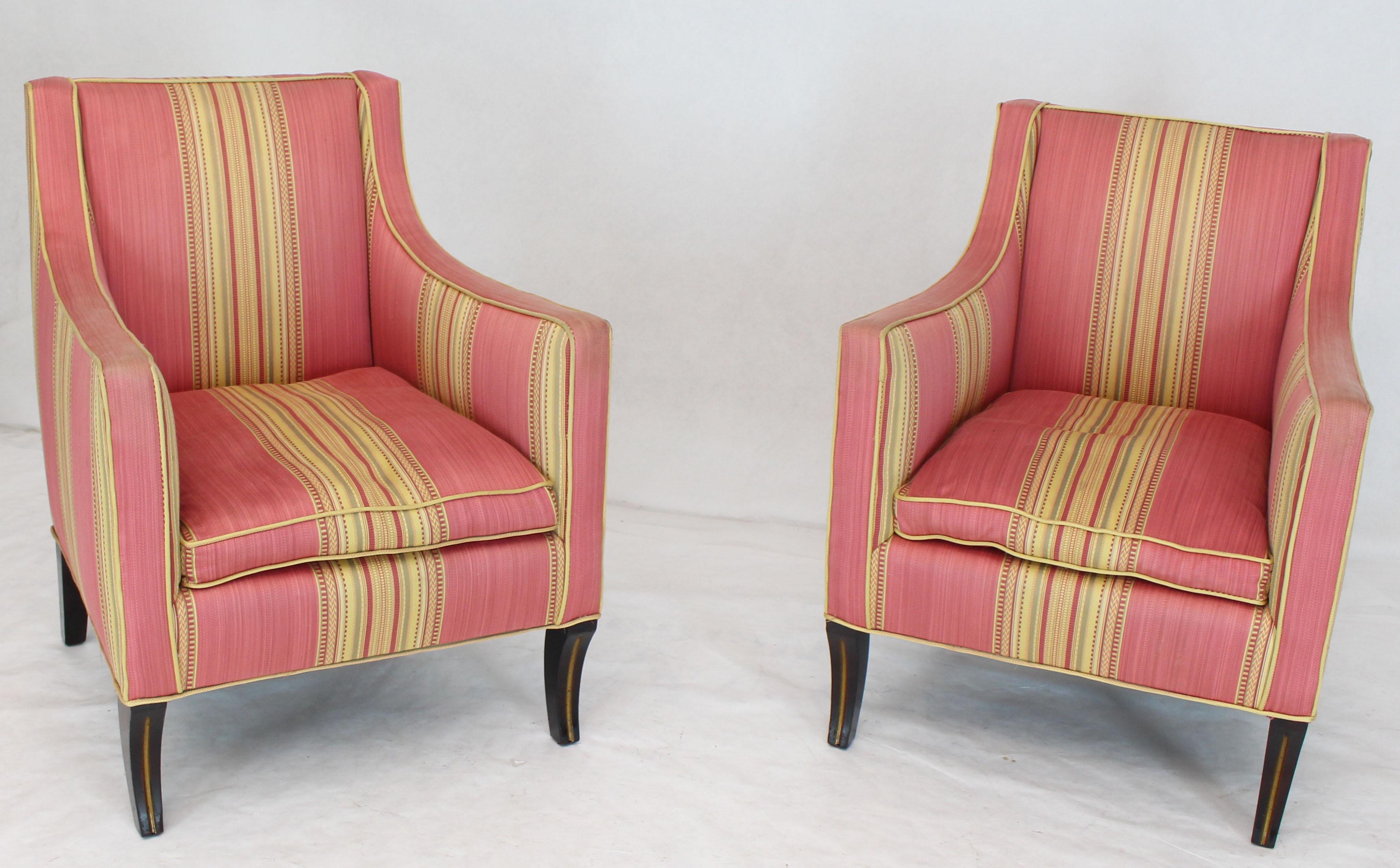 Silk Upholstery Down Filled Art Deco Neoclassical Compact Arm Club Chairs In Good Condition In Rockaway, NJ