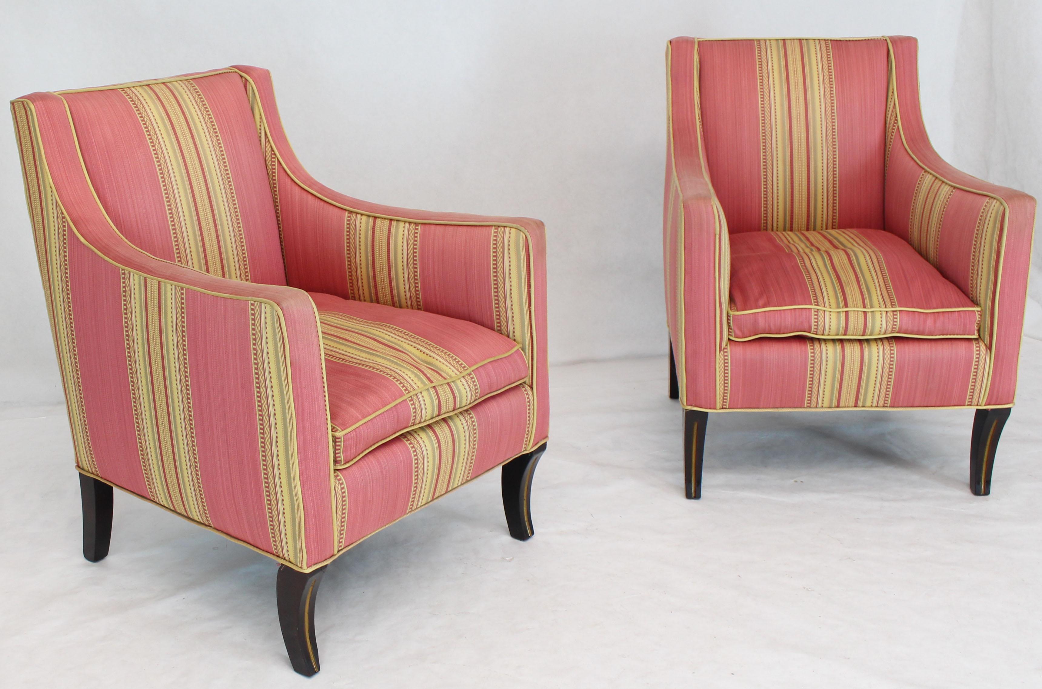 20th Century Silk Upholstery Down Filled Art Deco Neoclassical Compact Arm Club Chairs