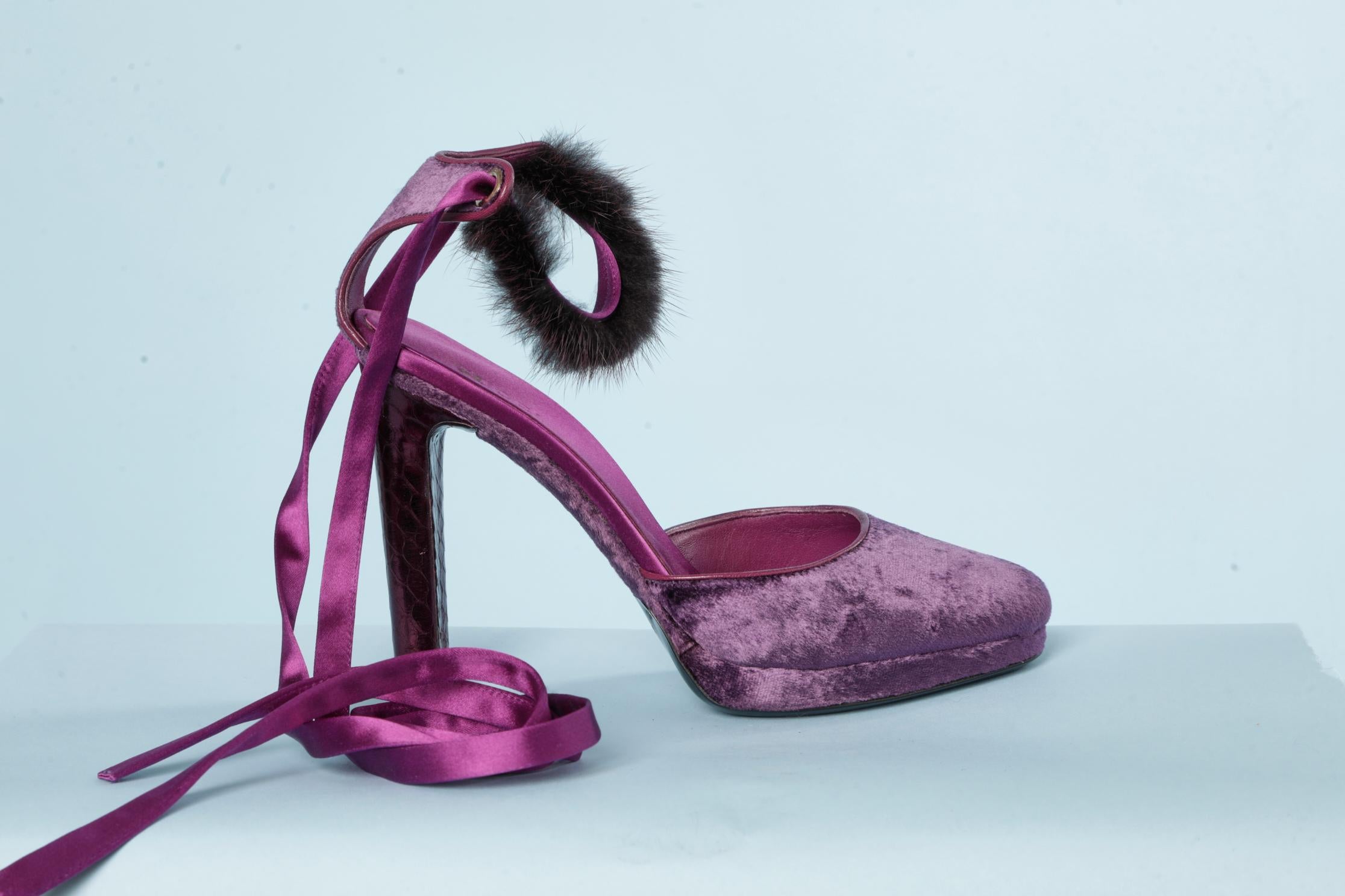 Silk velvet and furs platform sandal with python heels