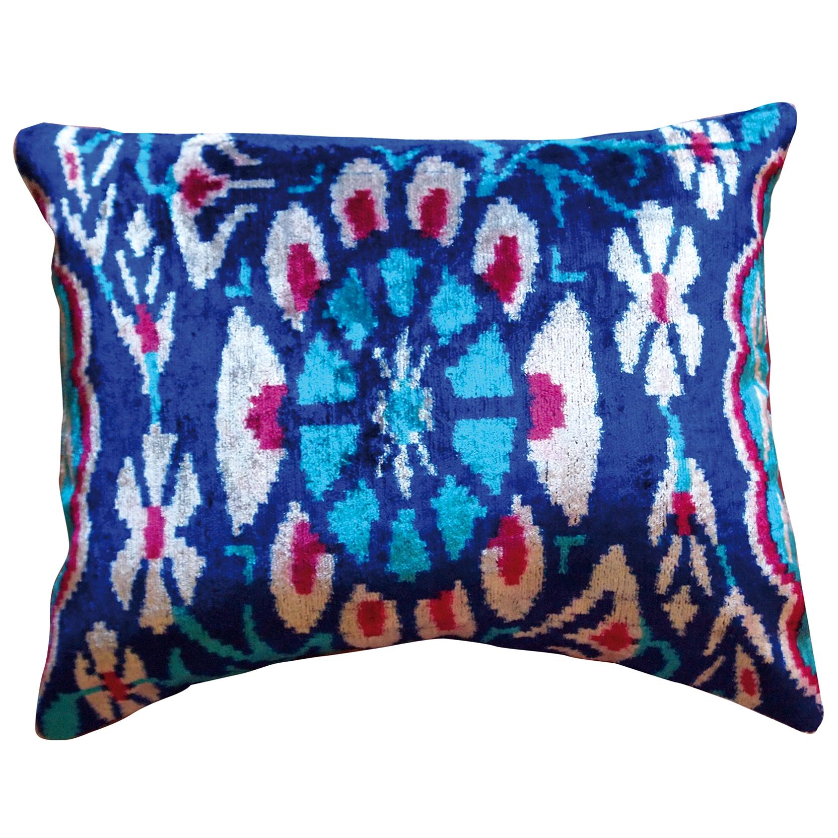 Handwoven Silk Velvet Ikat Cushion - Blue Flower For Sale