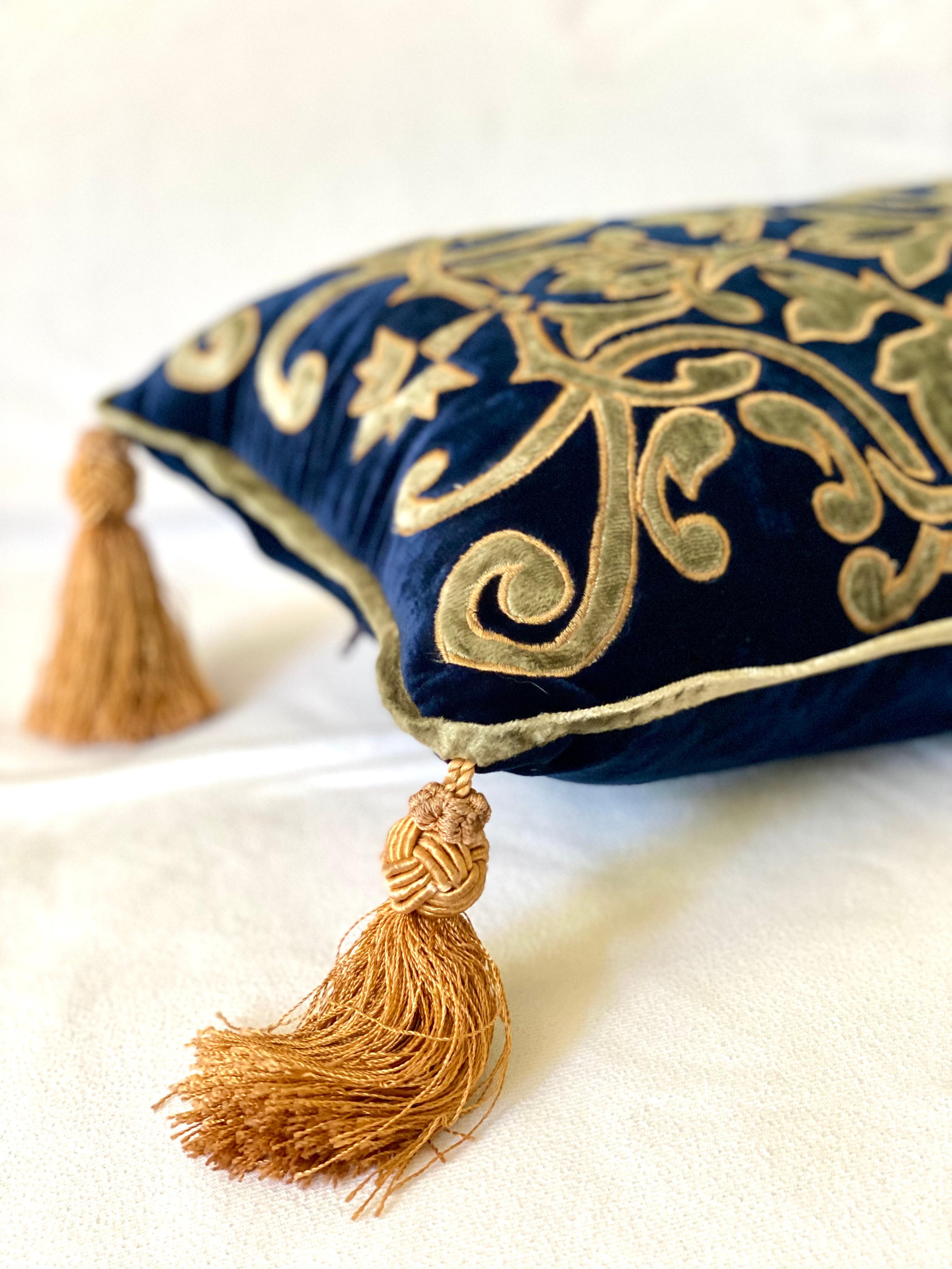 British Silk Velvet Bolster Pillow, Embroidered with Gold Velvet Applique