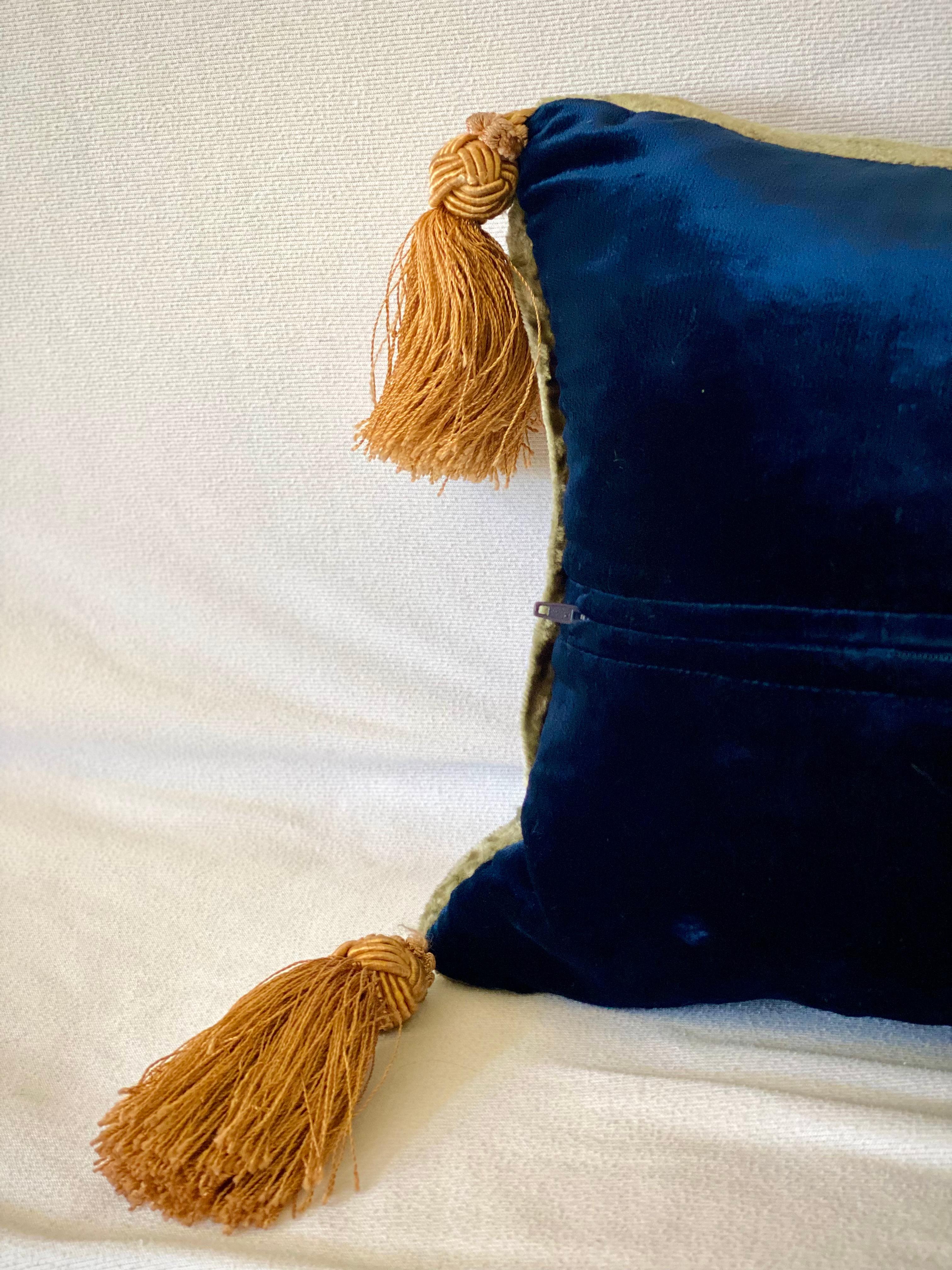 Silk Velvet Bolster Pillow, Embroidered with Gold Velvet Applique In Good Condition In San Francisco, CA