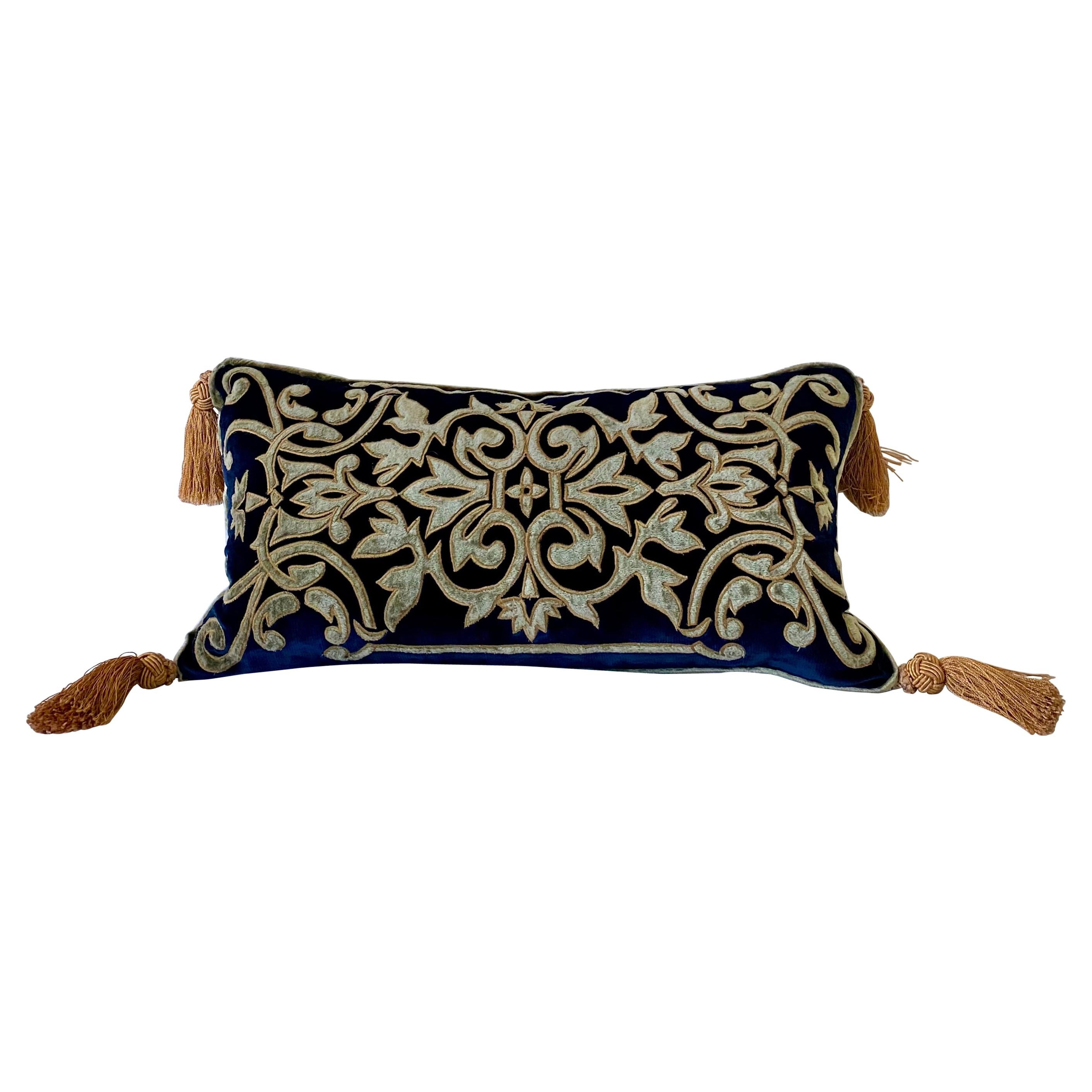 Silk Velvet Bolster Pillow, Embroidered with Gold Velvet Applique