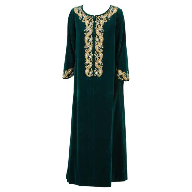 Vintage Moroccan Caftan Emerald Green Maxi Dress, circa 1970 Size M For ...