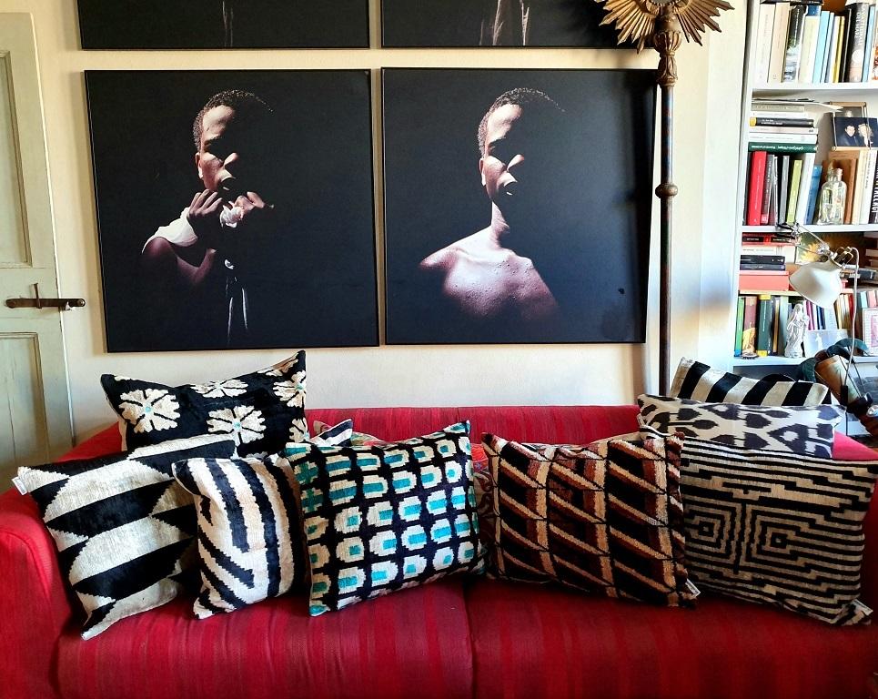 Italian Silk Velvet Cushion B/W Stripes For Sale