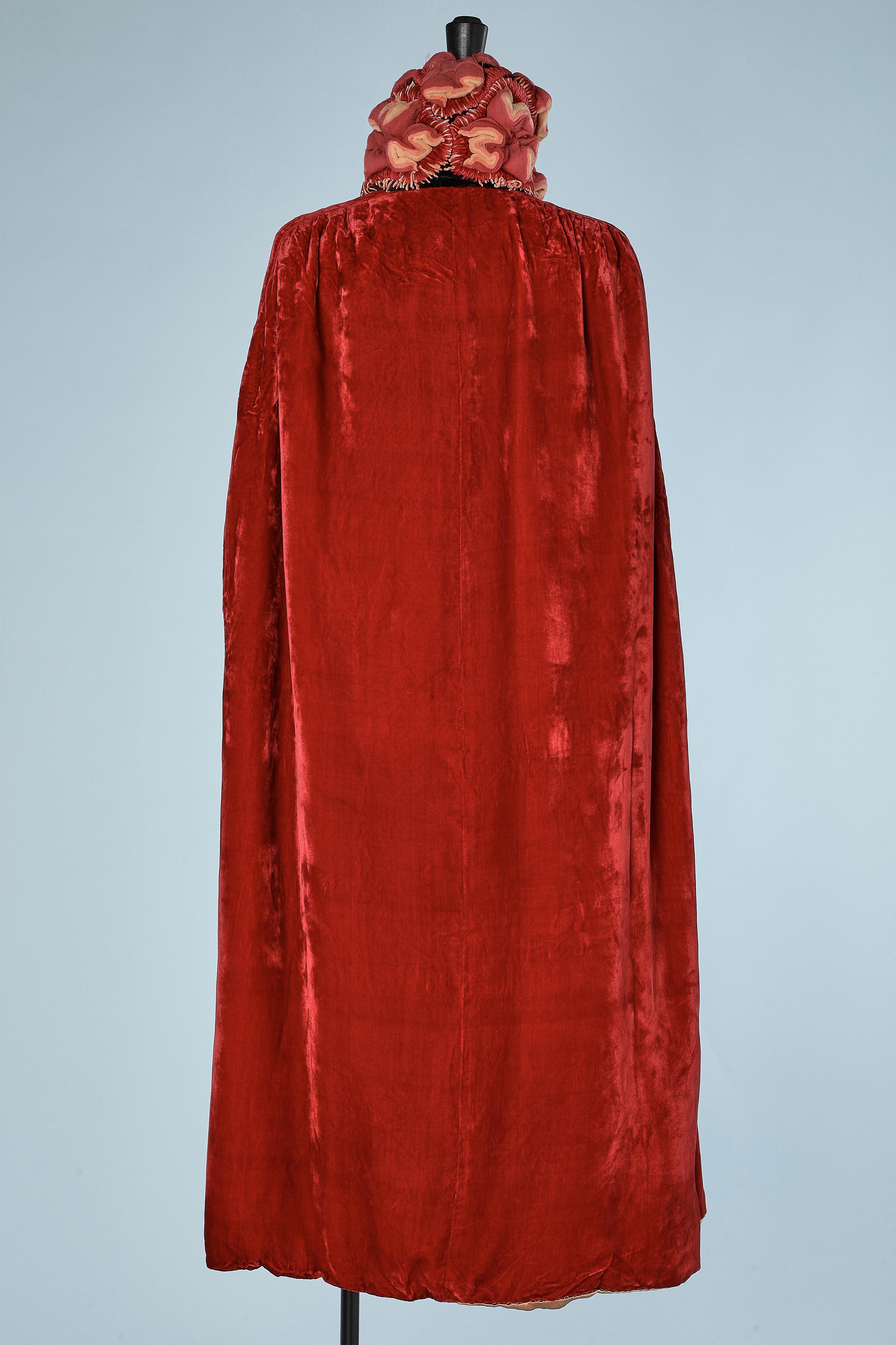 Silk velvet opera cape with chiffon flower on the collar embellishment Circa1920 For Sale 1