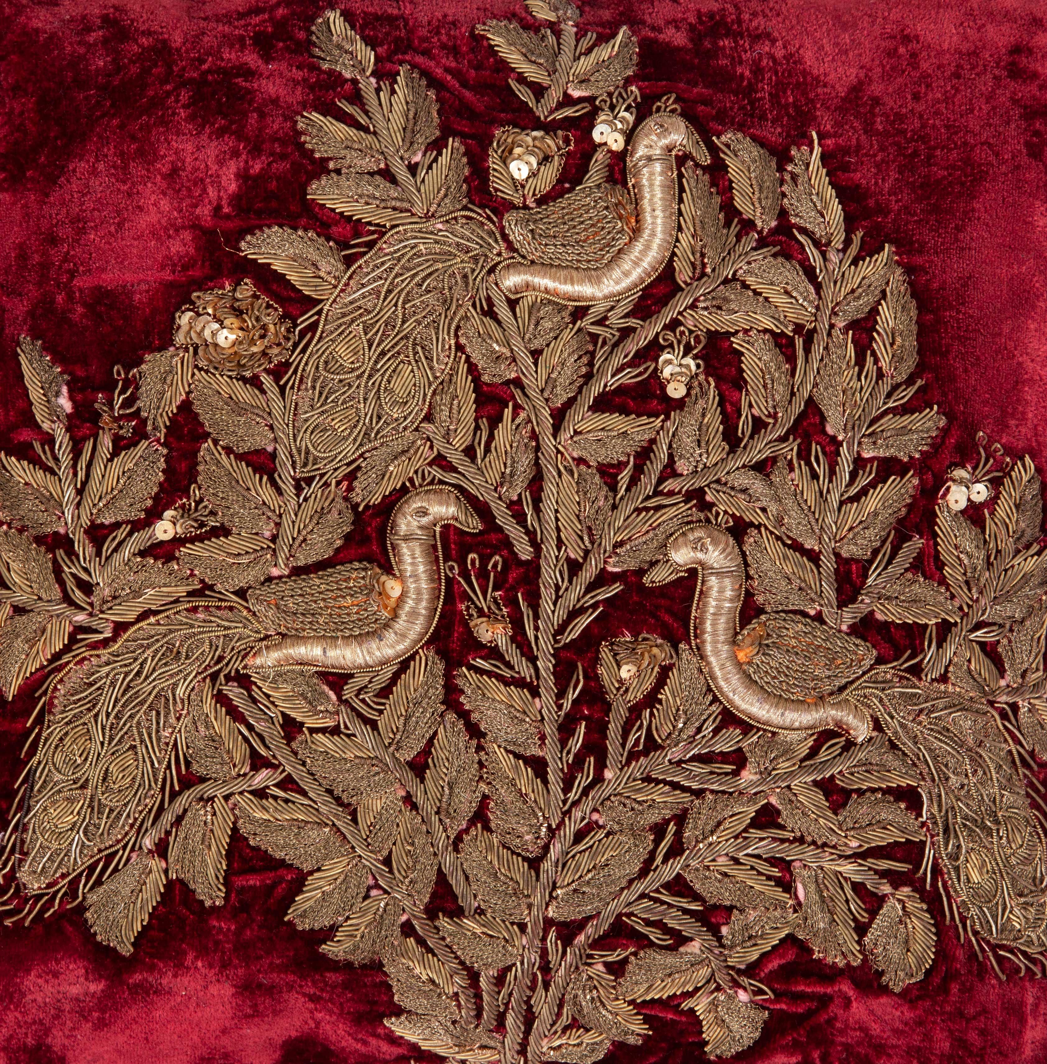 Indian Silk Velvet Pillow Cases with Metallic Embroidery from India, Early 20th Century