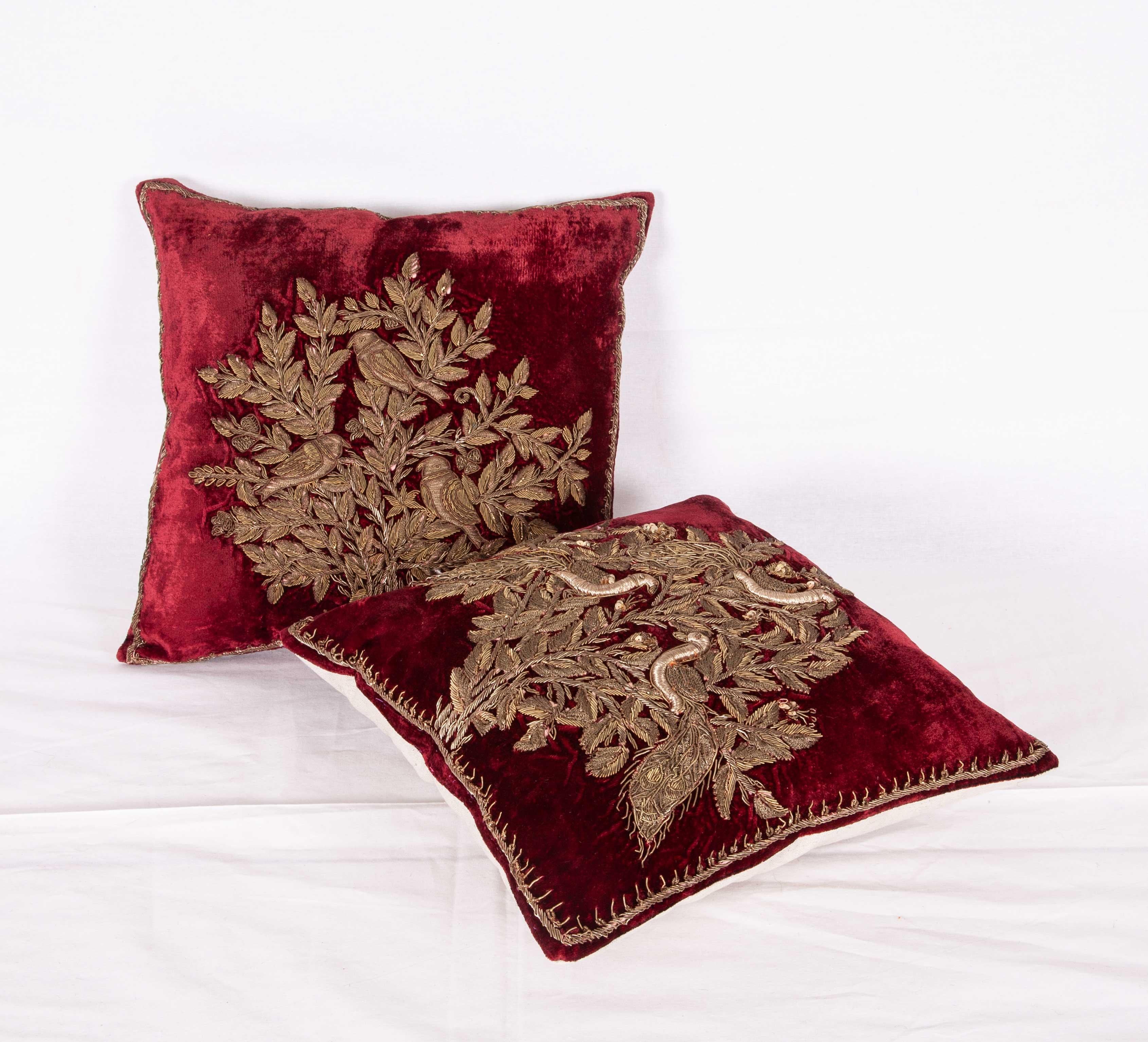 Embroidered Silk Velvet Pillow Cases with Metallic Embroidery from India, Early 20th Century