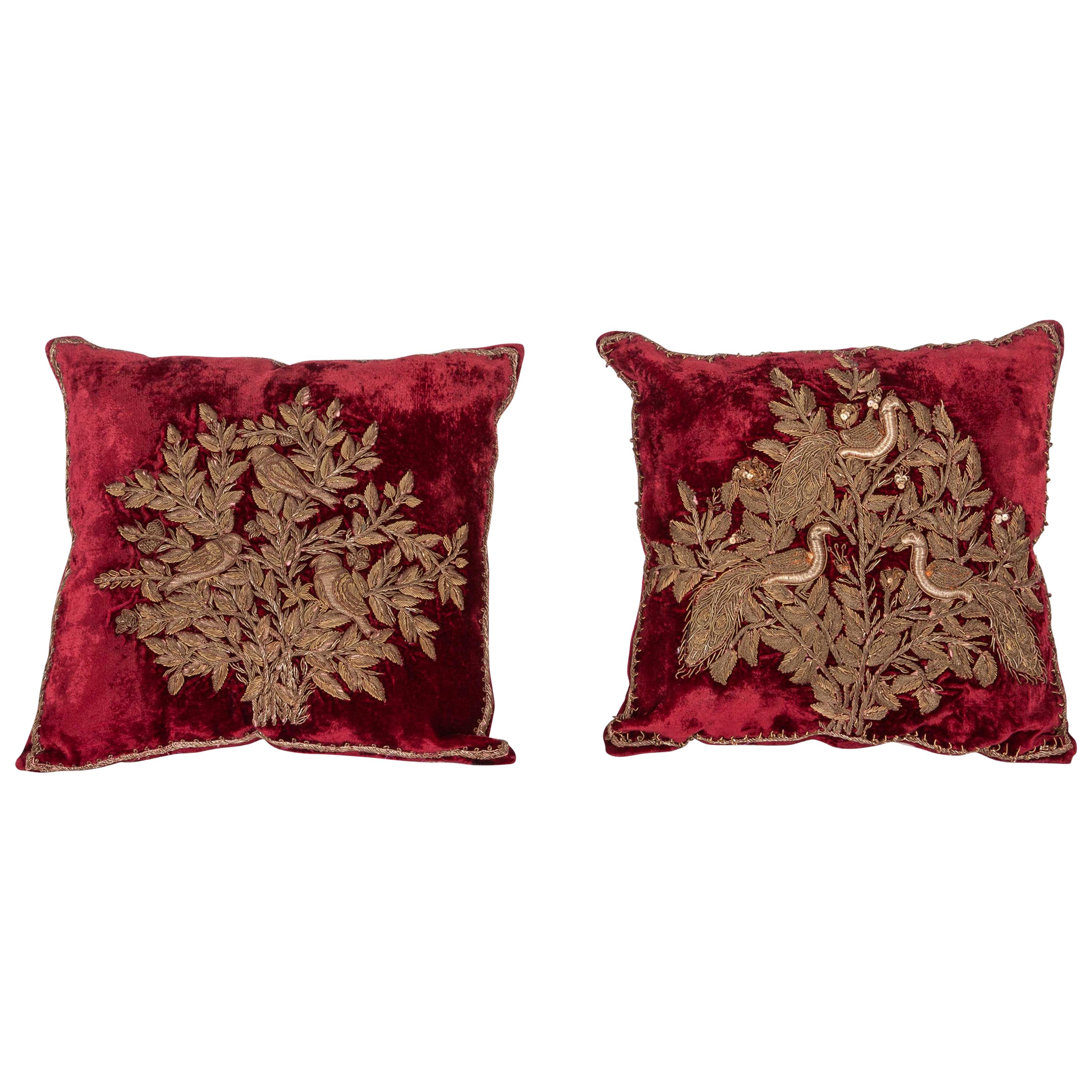 Silk Velvet Pillow Cases with Metallic Embroidery from India, Early 20th Century