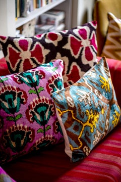 Almohada Turquesa Amarilla de Terciopelo de Seda