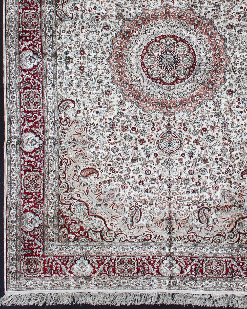 Persian Silk Vintage Isfahan Design Medallion Carpet with Intricate Floral Elements For Sale