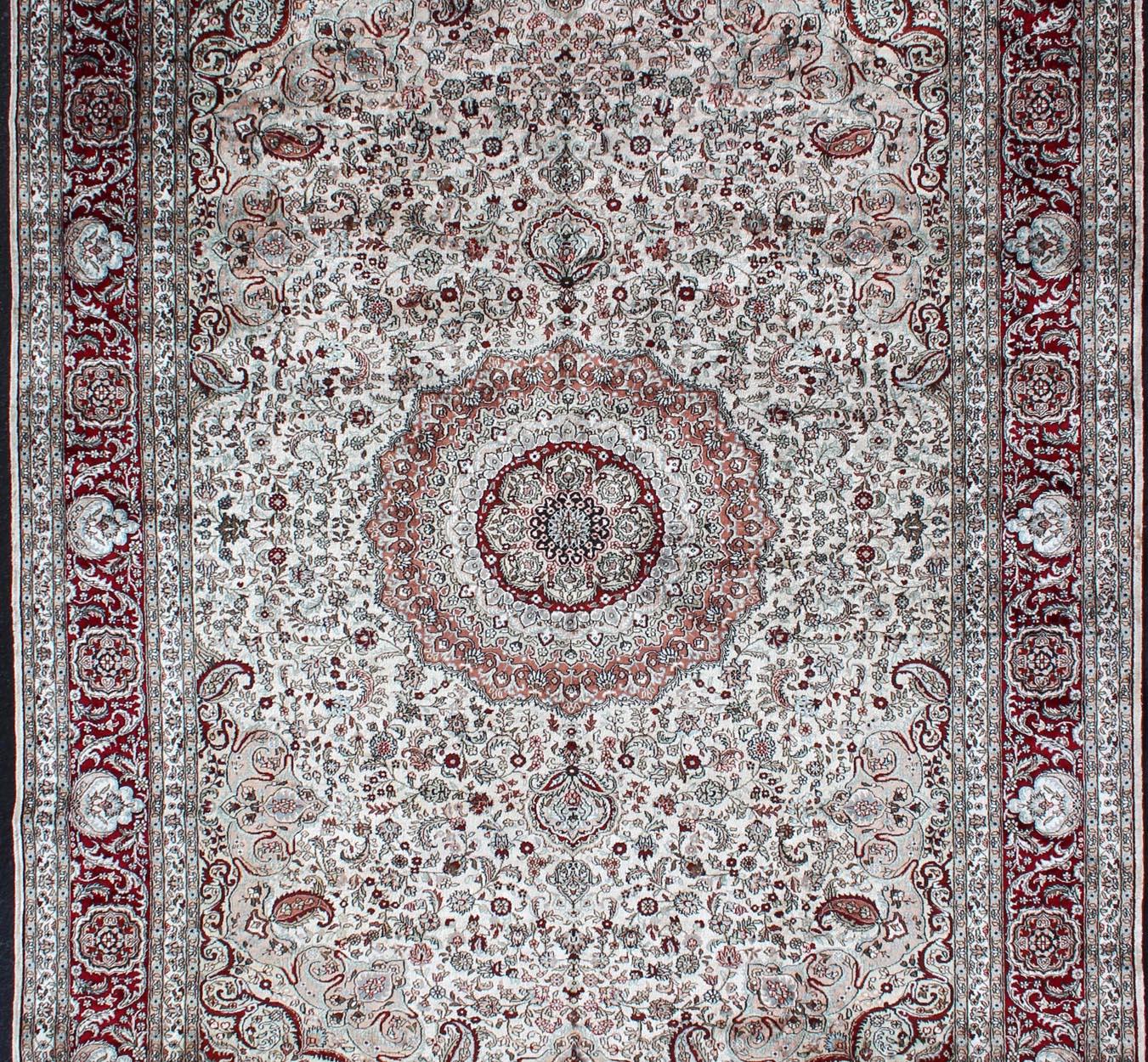 Hand-Knotted Silk Vintage Isfahan Design Medallion Carpet with Intricate Floral Elements For Sale