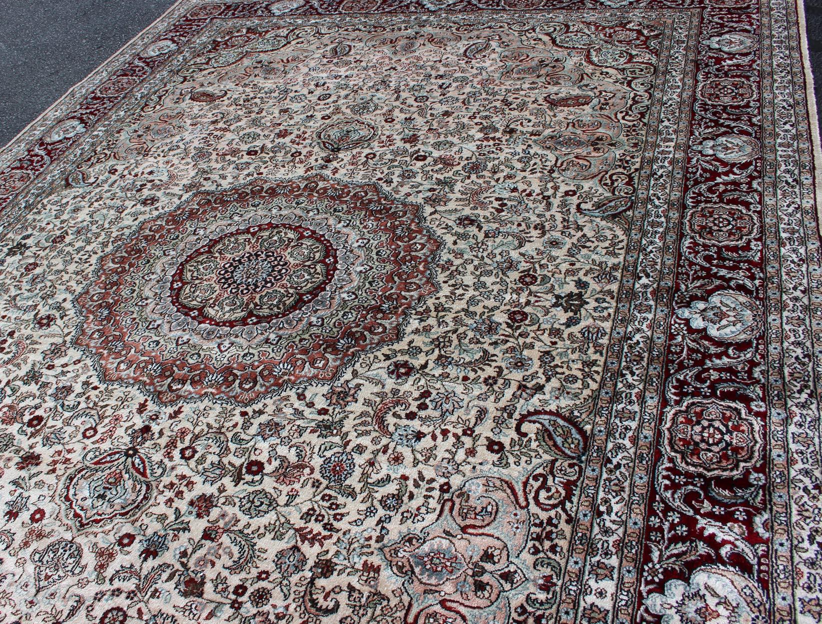 Silk Vintage Isfahan Design Medallion Carpet with Intricate Floral Elements In Good Condition For Sale In Atlanta, GA