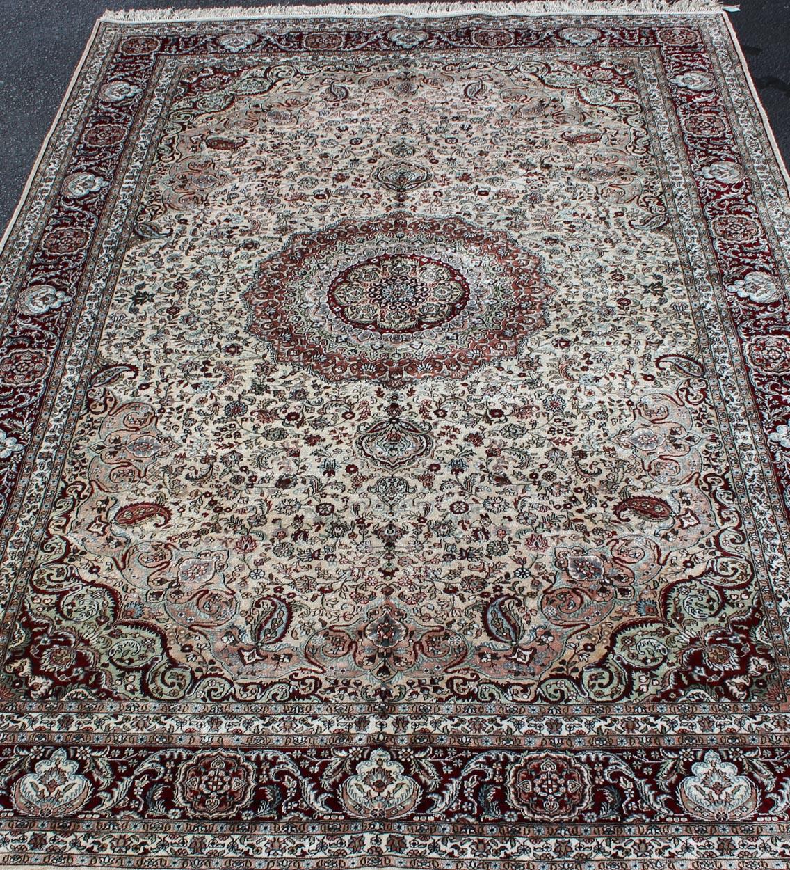20th Century Silk Vintage Isfahan Design Medallion Carpet with Intricate Floral Elements For Sale