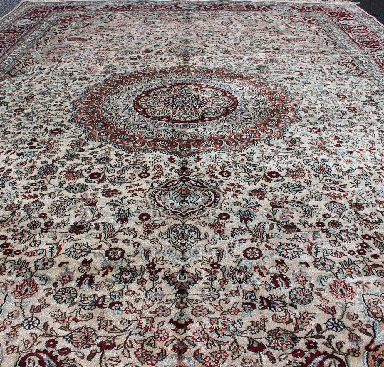 Wool Silk Vintage Isfahan Design Medallion Carpet with Intricate Floral Elements For Sale