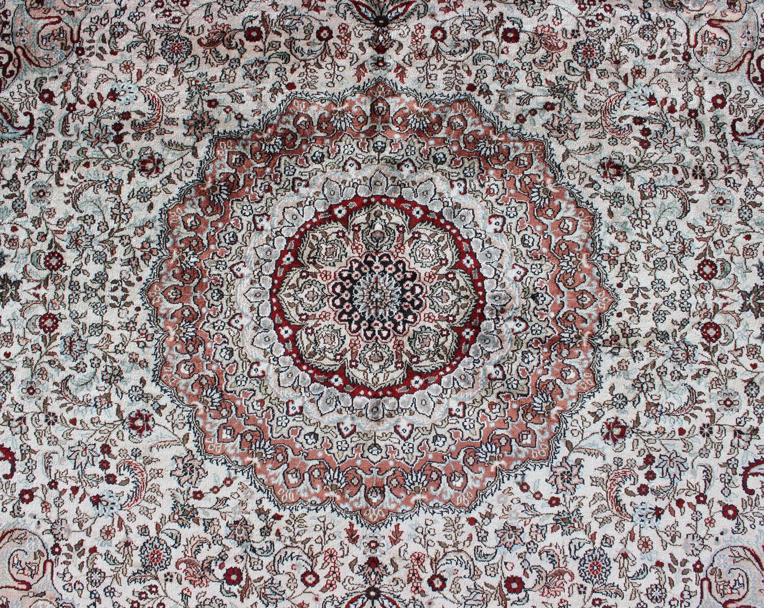 Silk Vintage Isfahan Design Medallion Carpet with Intricate Floral Elements For Sale 1