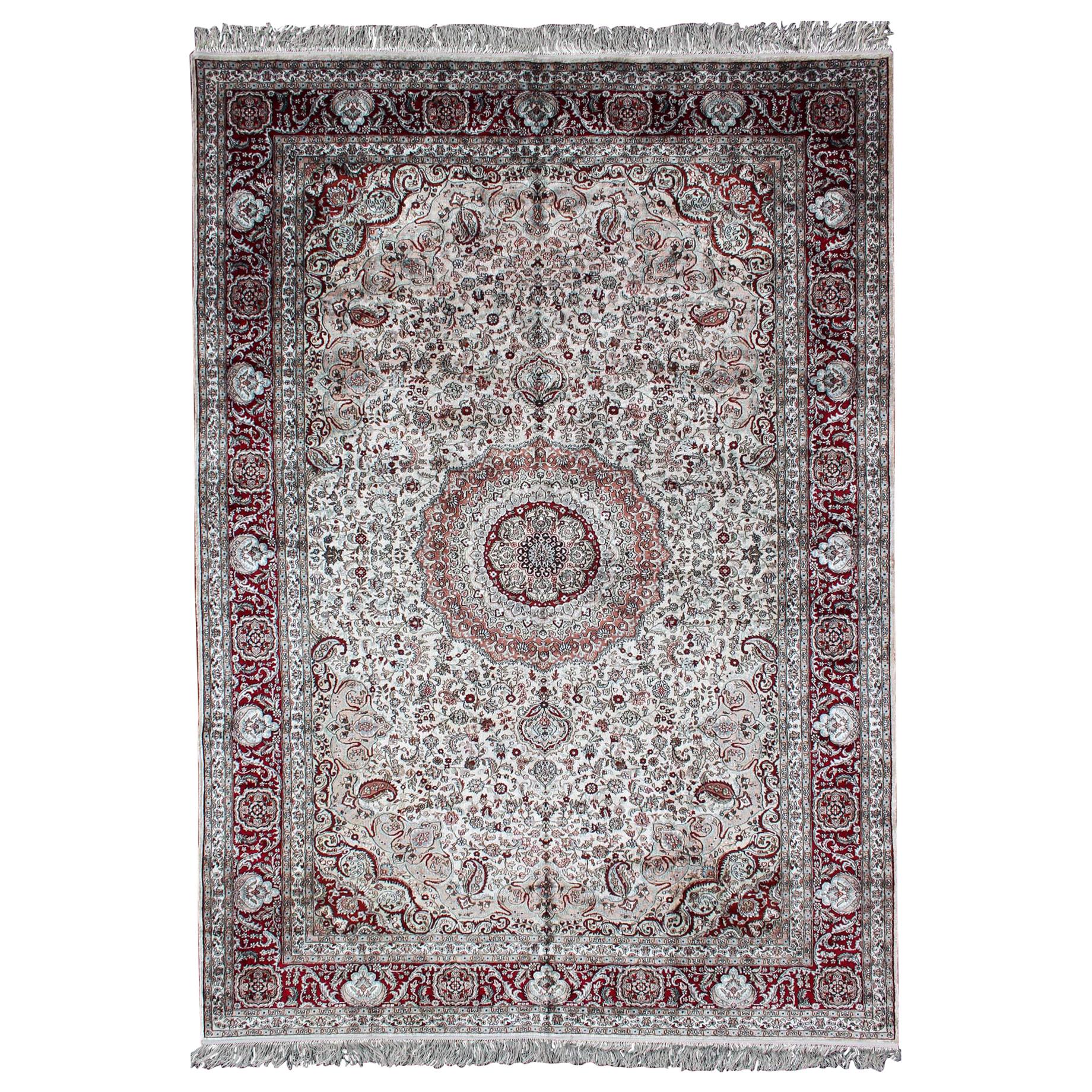 Silk Vintage Isfahan Design Medallion Carpet with Intricate Floral Elements For Sale