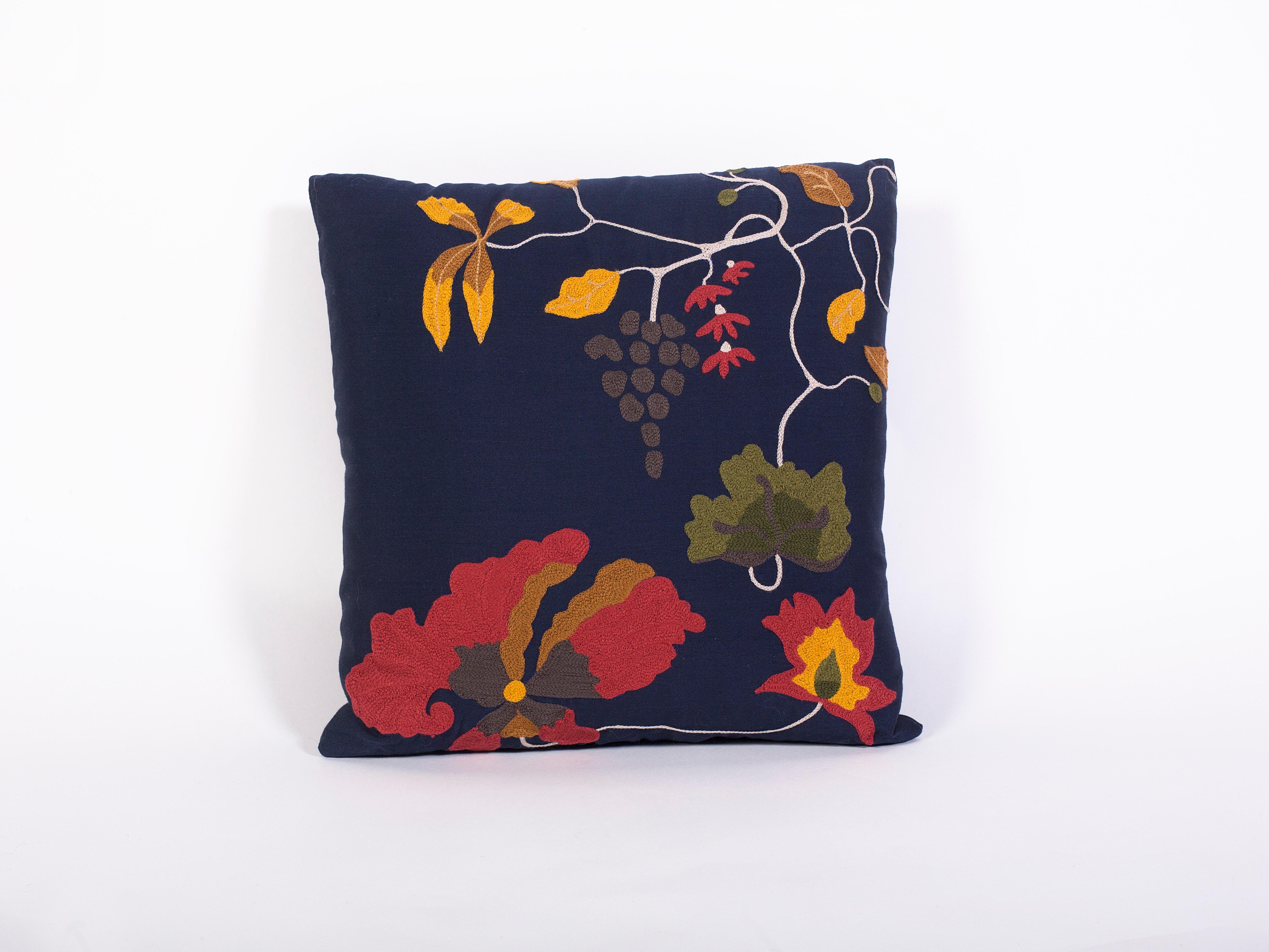 This one of a kind decorative pillow, inspired by Chinese Art Deco rugs, is embroidered with hand-steered chain stitch embroidery on luxe silk wool sateen from Dedar. Down filled. Chain stitch by artist in NYC, and pillow is hand-stitched in