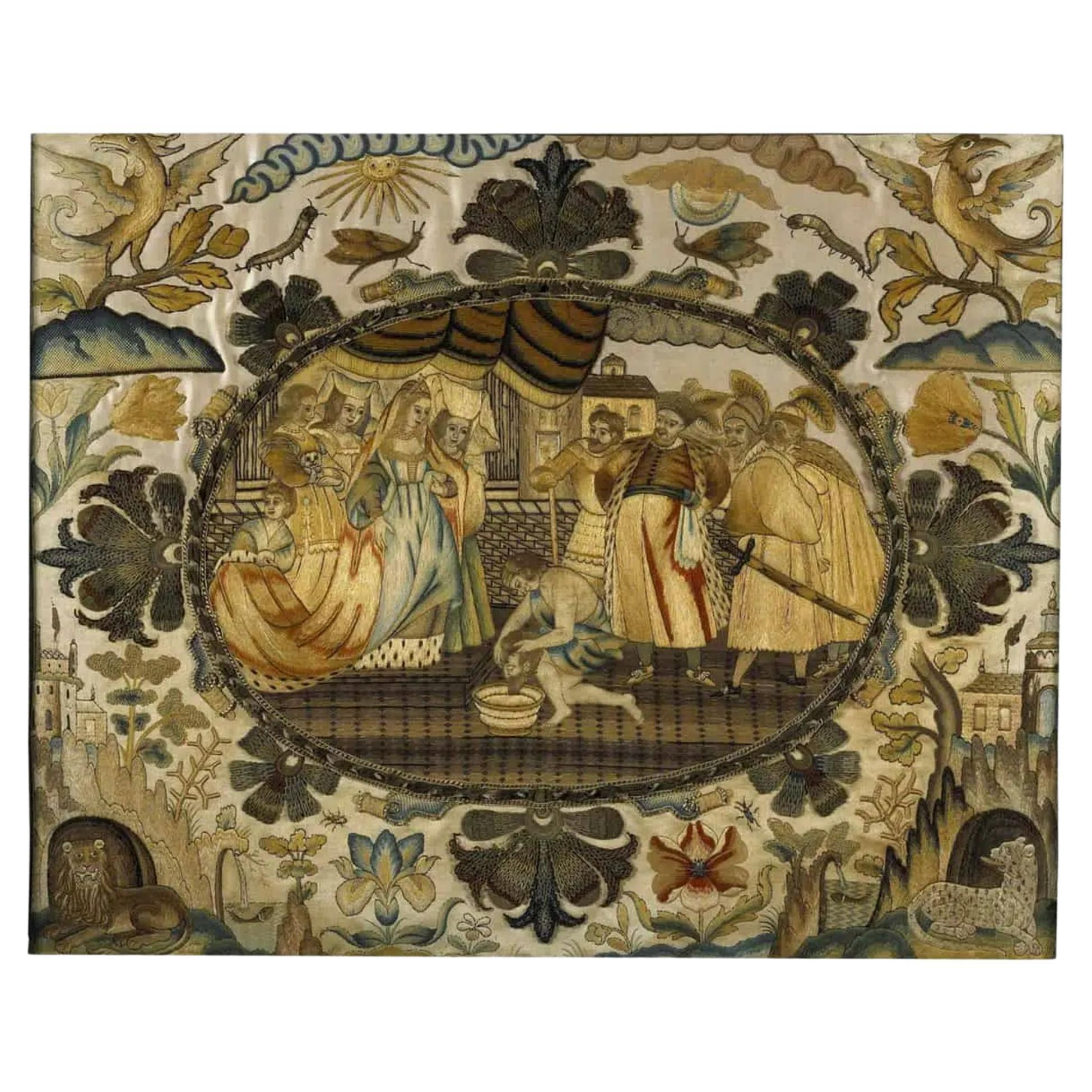 Silk Work Embroidery – John The Baptist, 17th Century For Sale