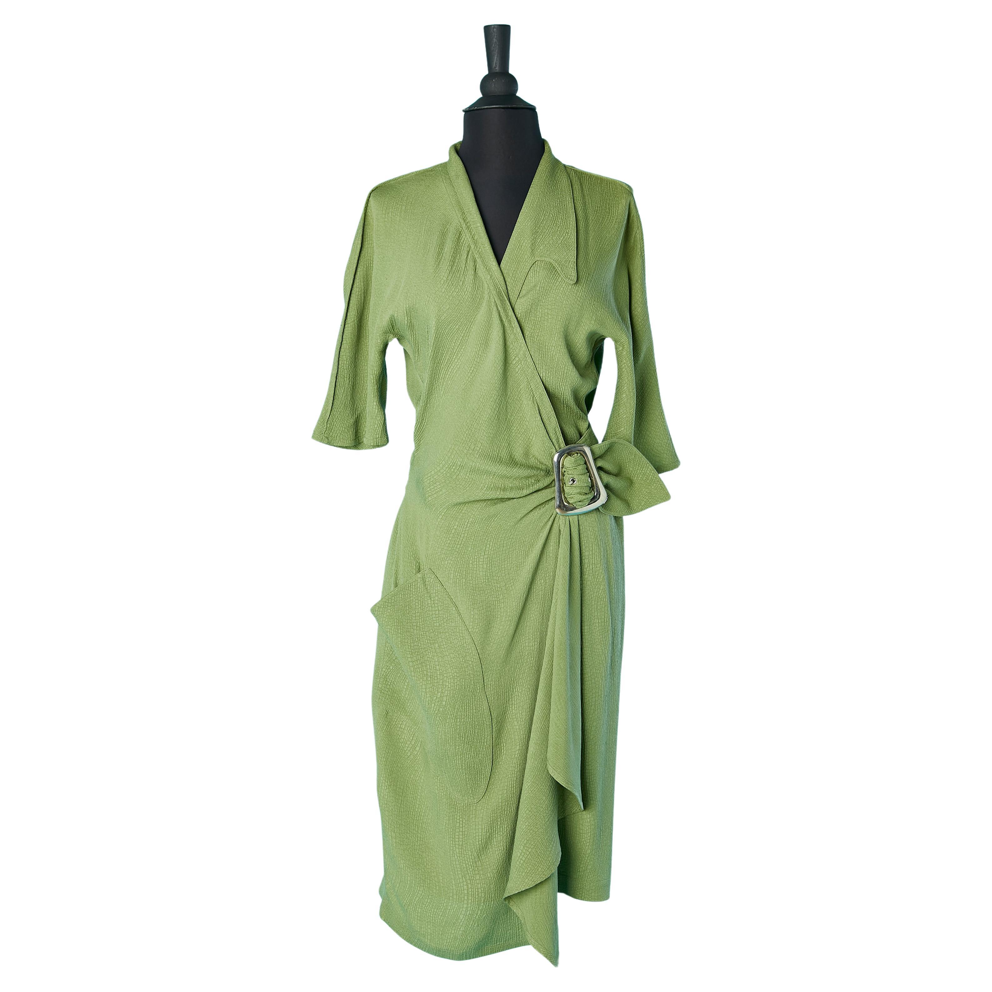 Silk wrap dress with belt and metal buckle Thierry Mugler  For Sale