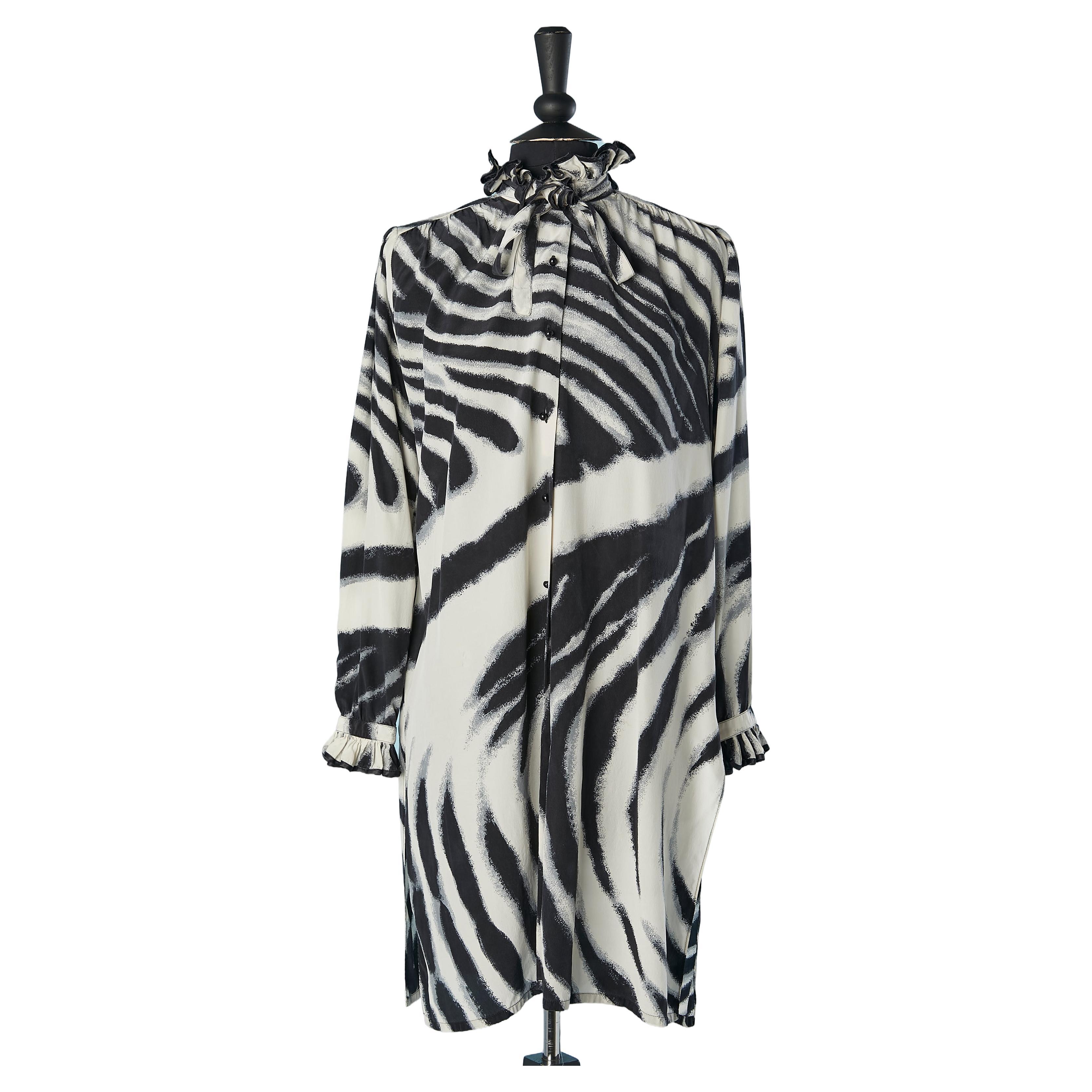 Silk zebra print cocktail dress with collar and cuffs ruffles Louis Féraud  For Sale