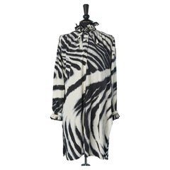 Silk zebra print cocktail dress with collar and cuffs ruffles Louis Féraud 