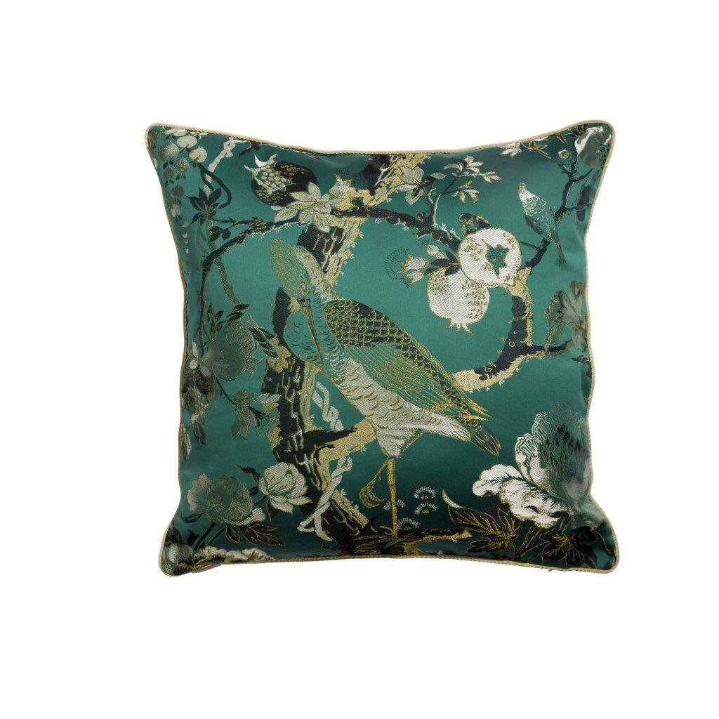 Silkbird Green Emerald Damast Bird and fForal Pillow Cushion For Sale