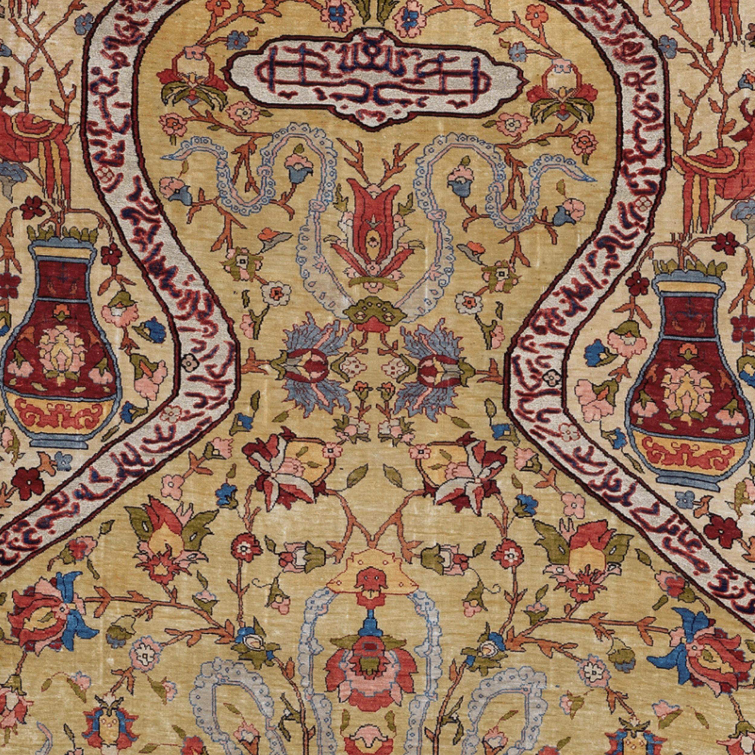 Turco Tappeto da preghiera Hereke firmato in seta e metallo in vendita