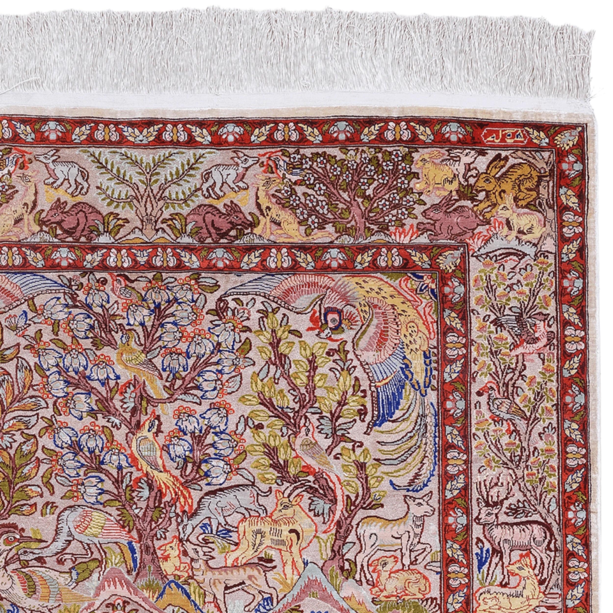 Seide&Metall Signierter Hereke Teppich - Mitte 20. (Handgeknüpft) im Angebot