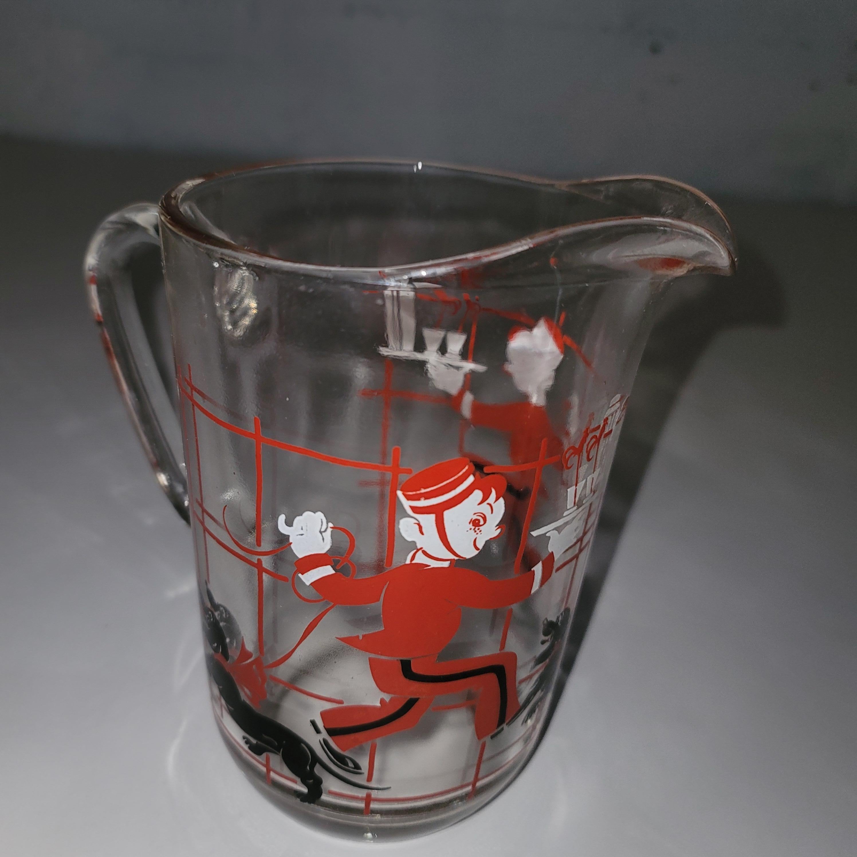 Art Deco Silkscreen Bellhop with Dachshund Cocktail Shaker and Pitcher Barware Set, 1930s