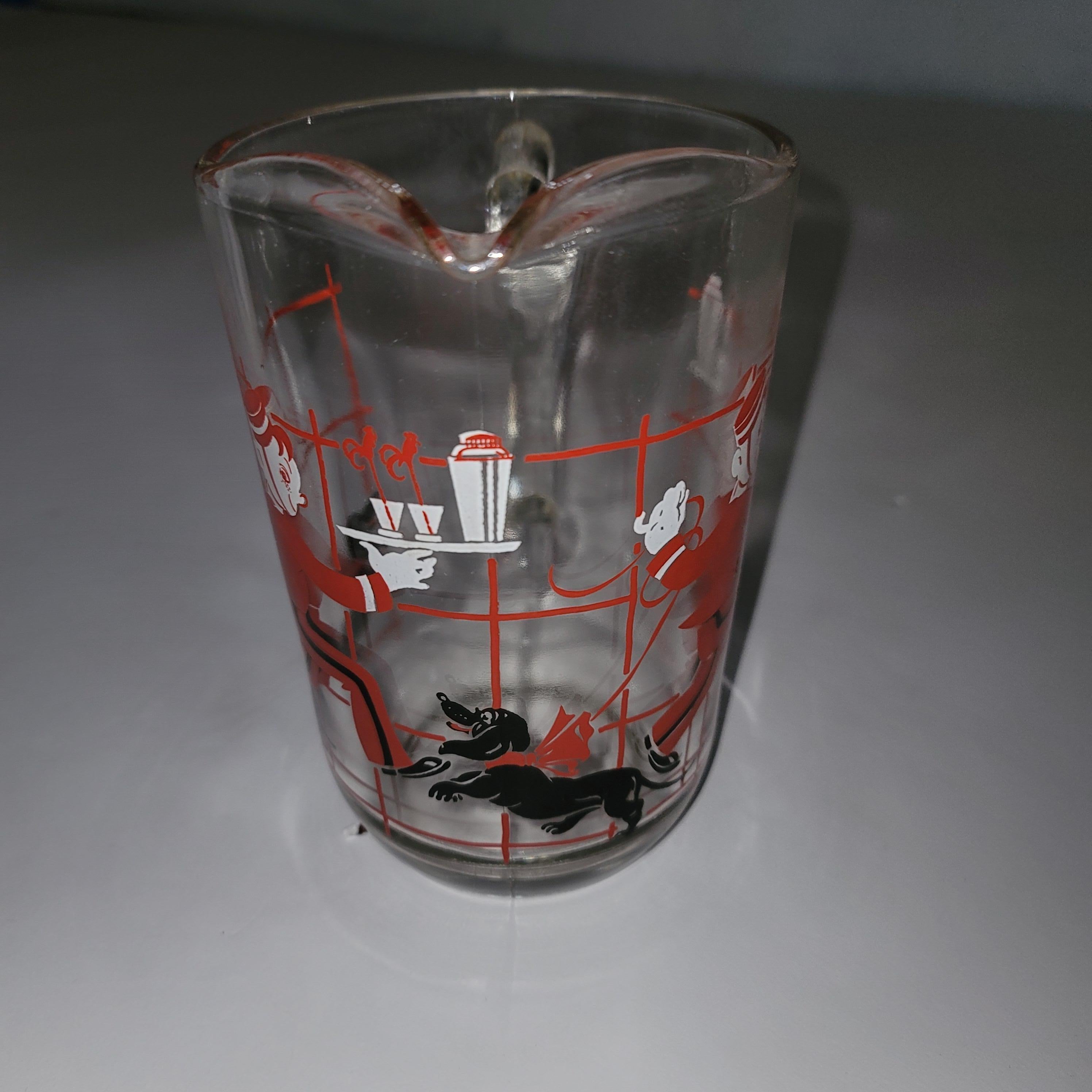 American Silkscreen Bellhop with Dachshund Cocktail Shaker and Pitcher Barware Set, 1930s