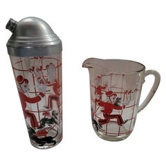 Silkscreen Bellhop with Dachshund Cocktail Shaker and Pitcher Barware Set, 1930s
