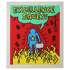 Retro Silkscreen Poster by Keith Haring Lithograph "Excellence Saves", 1994