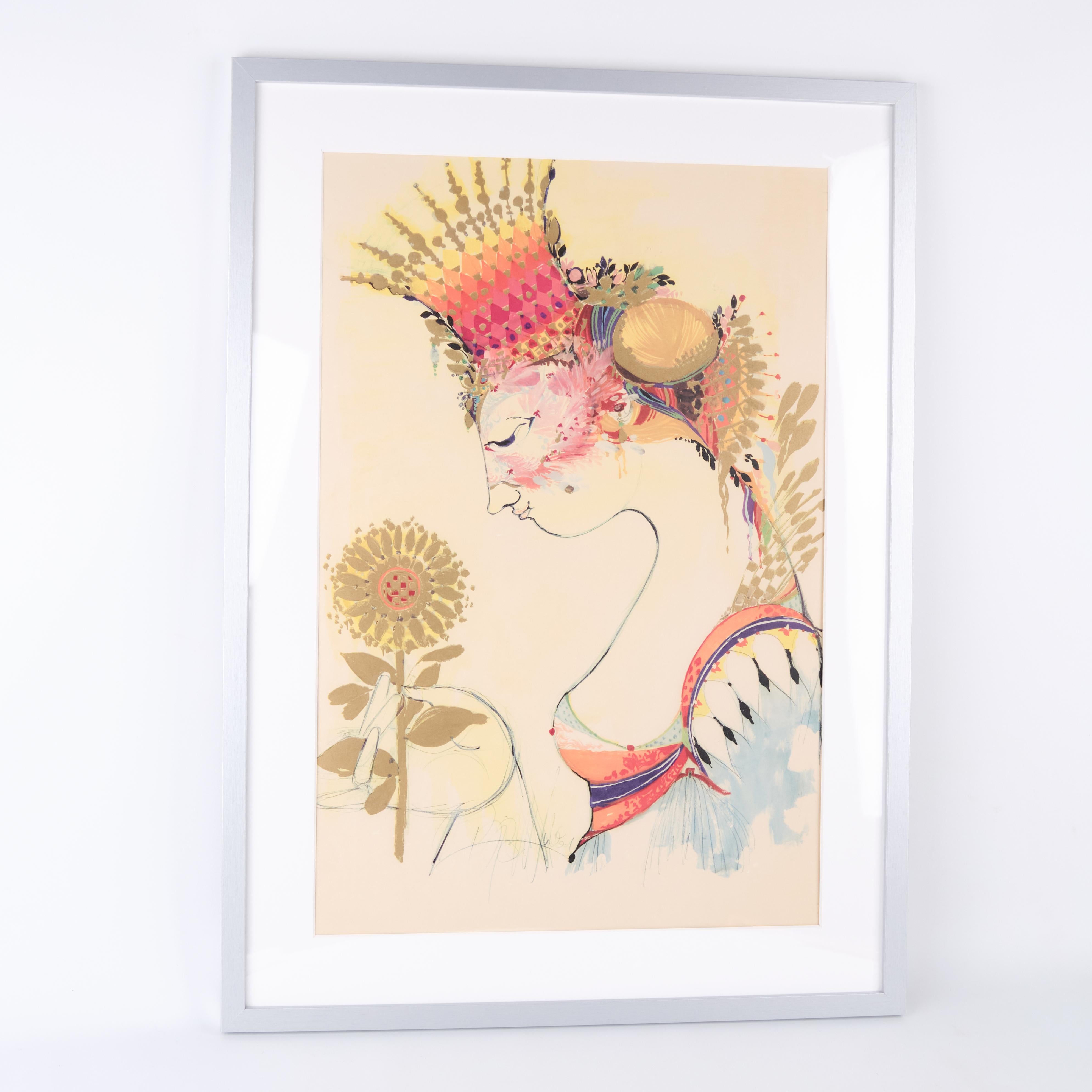 Mid-Century Modern Silkscreen Poster With Motif Of Woman Signed By Bjørn Wiinblad From 1970s For Sale