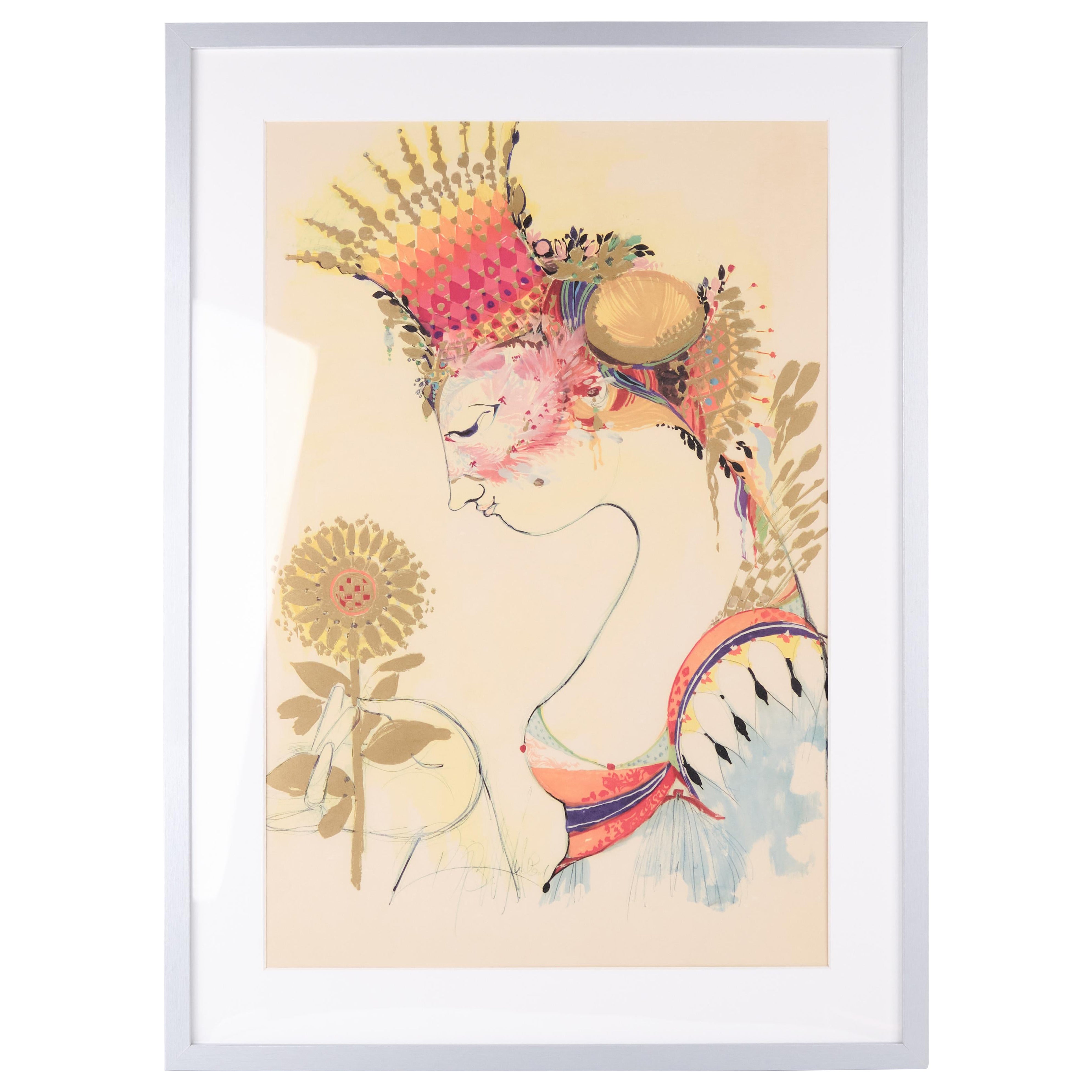 Silkscreen Poster With Motif Of Woman Signed By Bjørn Wiinblad From 1970s