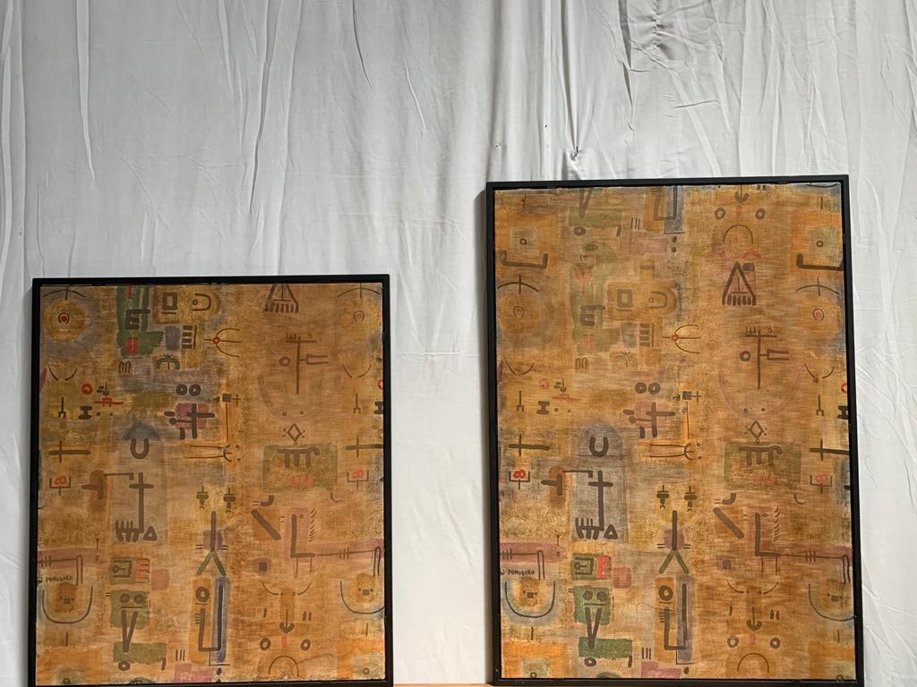 Pair of beautiful panels covered in silk-screen printed with works by Gio Pomodoro. 
Dimensions respectively cm: 80X111 and 79X91. Within frame shed.
Piece attributed to the above designer/maker. It has no hallmark or proof of authenticity, but is