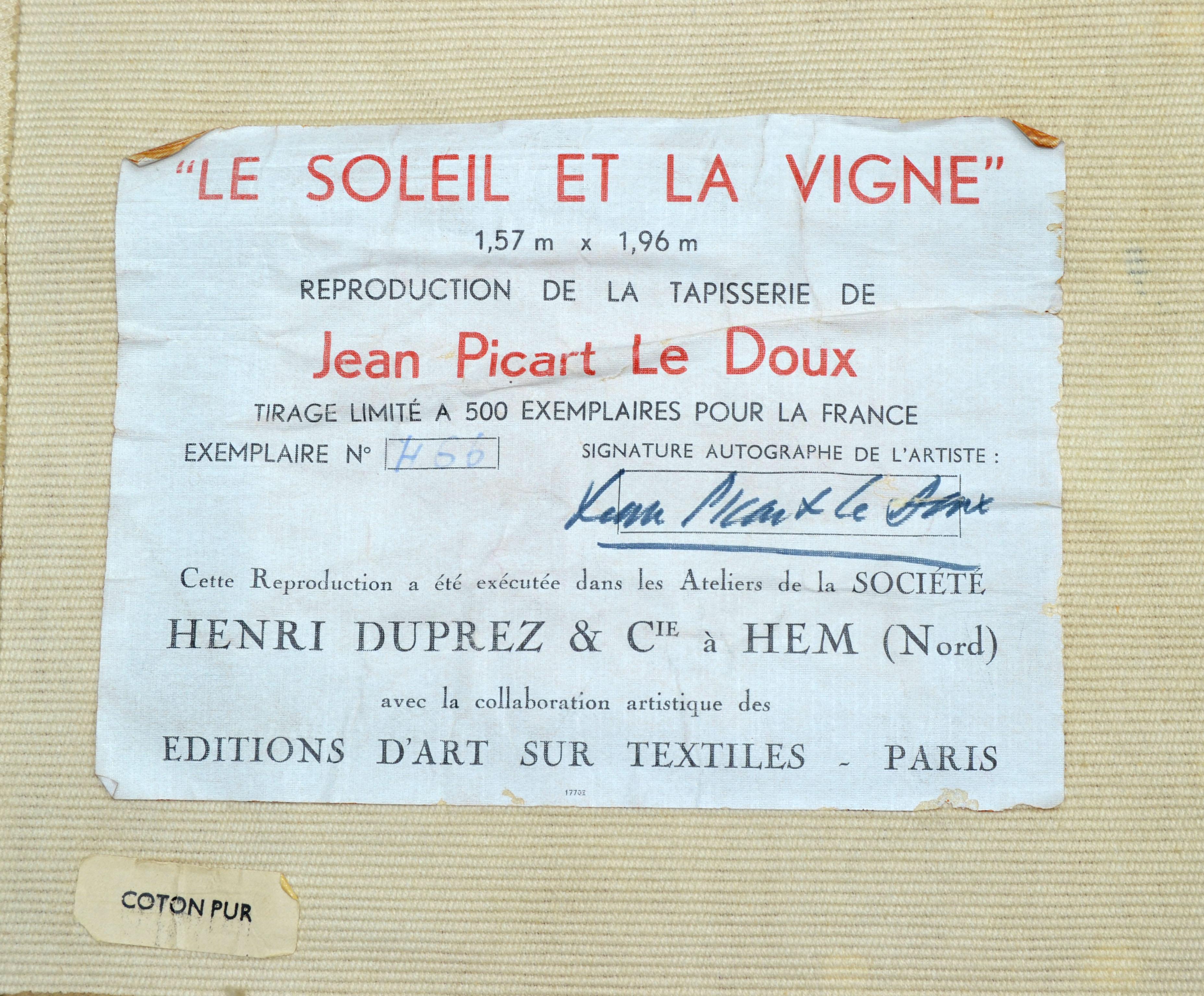 Original Wandteppich aus Baumwolle von Jean Picart le Doux Paris, Proof von Authentizität, 50er Jahre im Angebot 4