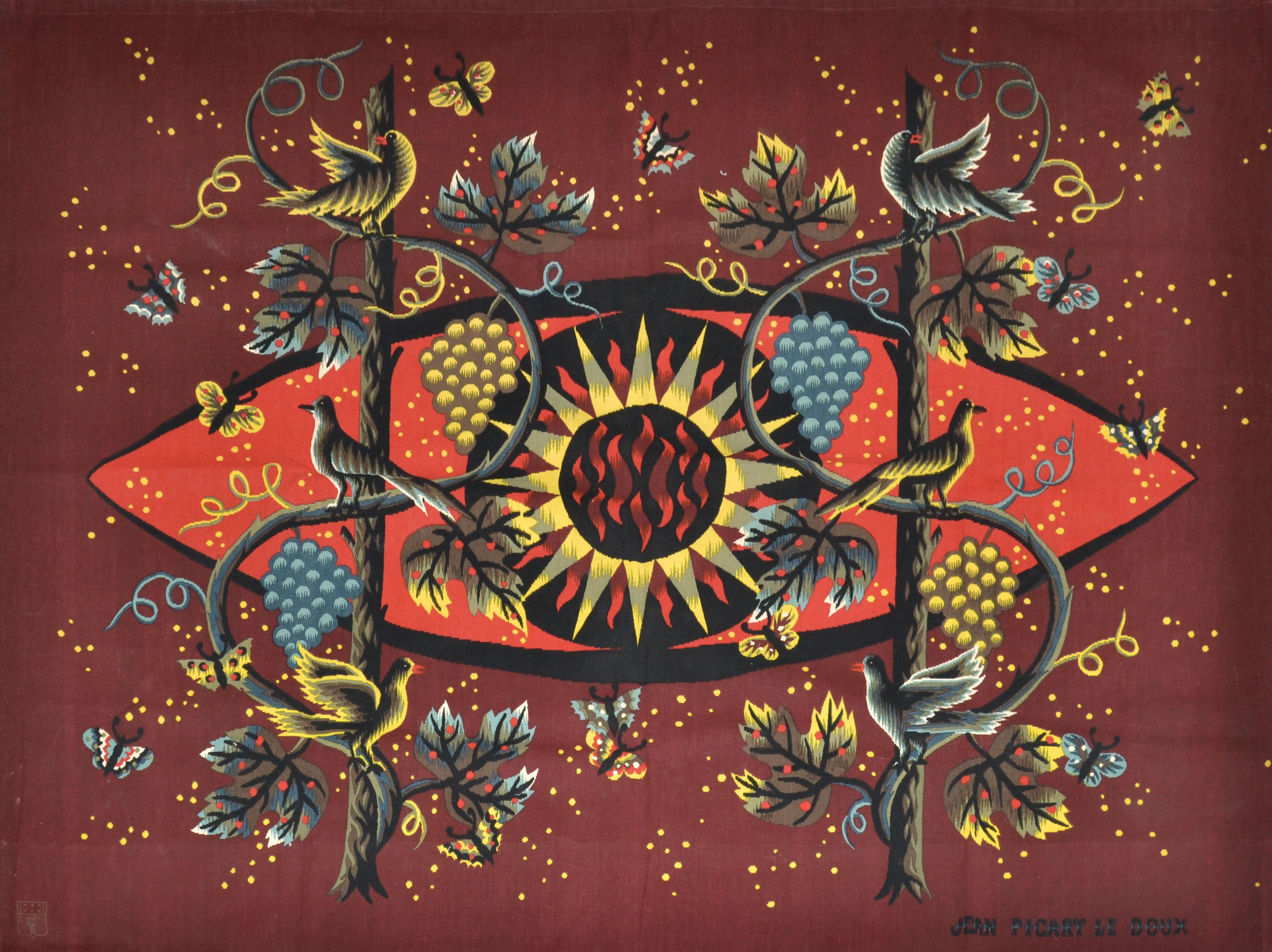 Riesige Picart le Doux Französisch handgefertigte Baumwolle Wandteppich mit Echtheitszertifikat, signiert und nummeriert # 456/500 von Künstler.
Titel: Die Sonne und die Wälder.
Moderne Textilwandkunst aus der Mitte des Jahrhunderts aus Paris.