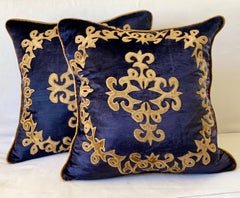 Silky Midnight Blue Velvet Pillows with Gold Applique, Gold Silk Cord Detail
