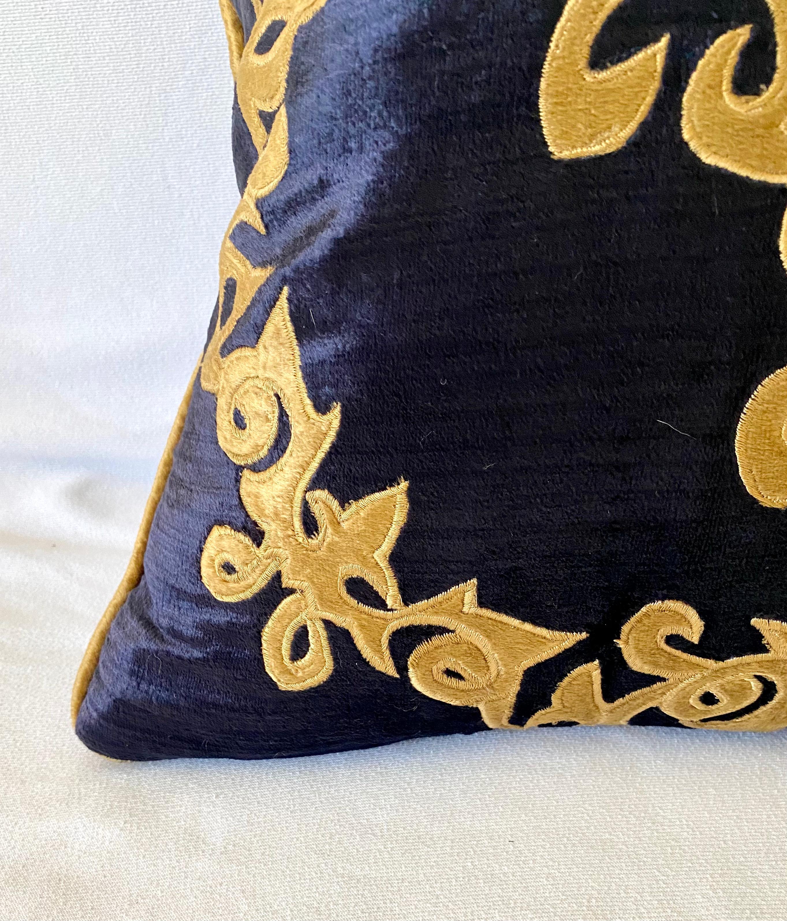 Baroque Revival Silky Midnight Blue Velvet Pillows with Gold Applique, Gold Silk Cord Detail