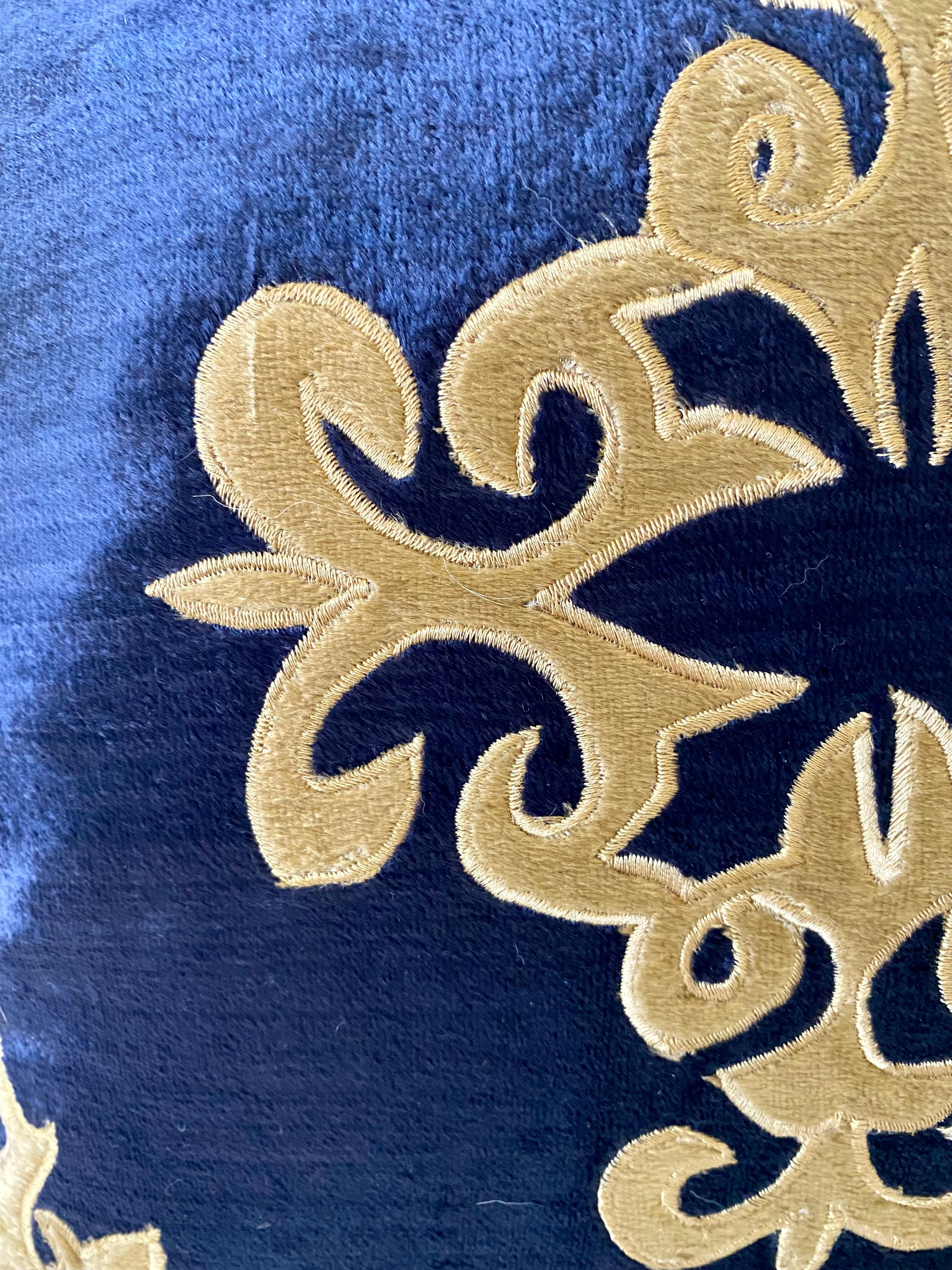 Appliqué Silky Midnight Blue Velvet Pillows with Gold Applique, Gold Silk Cord Detail