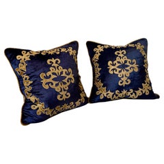 Silky Midnight Blue Velvet Pillows with Gold Applique, Gold Silk Cord Detail