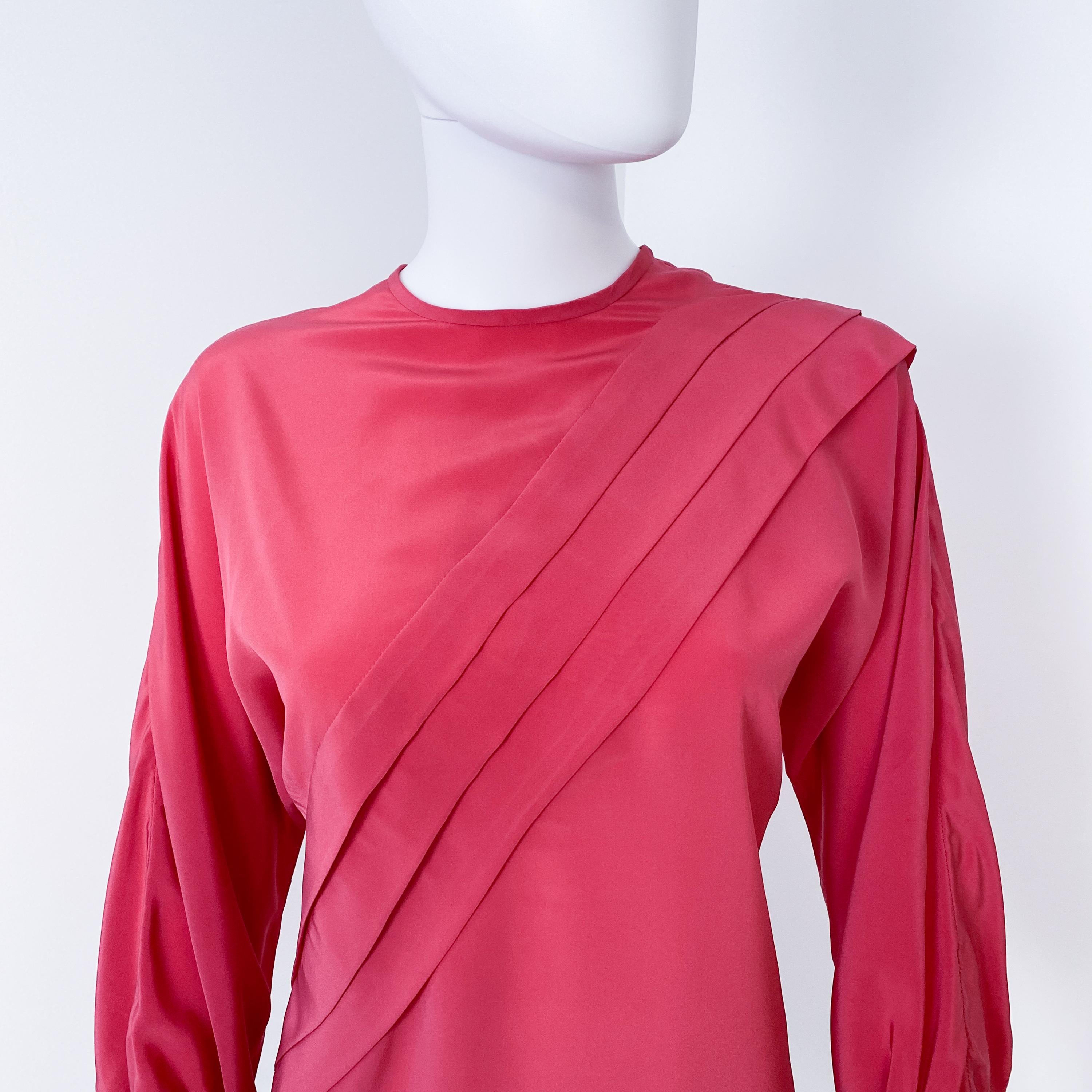 Women's Silky Viscose Blouse Top Fuchsia Pink Origami Pleat Size 8/10, 1980s For Sale