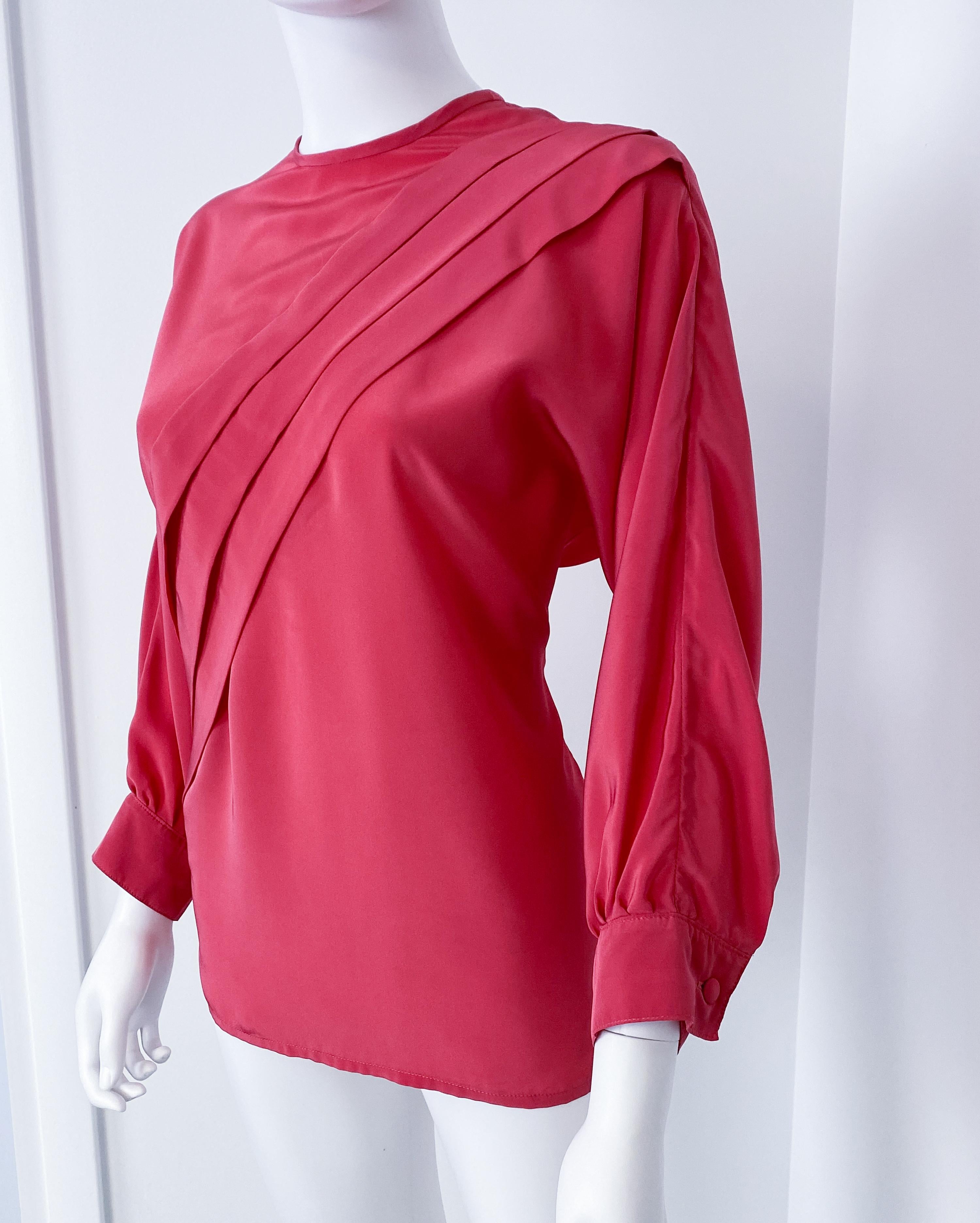 Silky Viscose Blouse Top Fuchsia Pink Origami Pleat Size 8/10, 1980s For Sale 1
