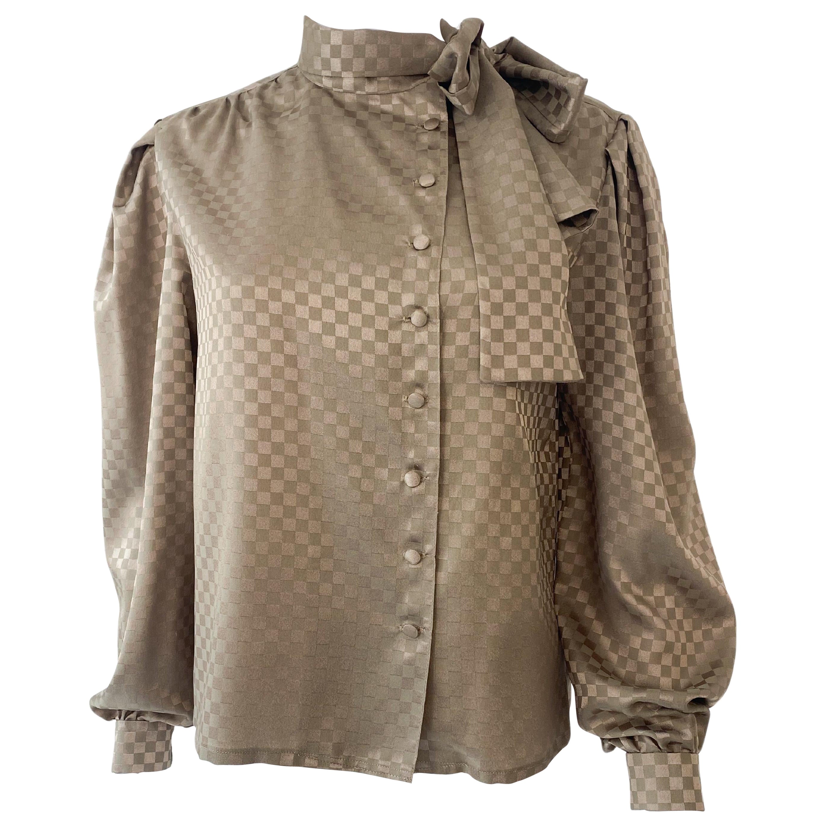 Blusa con Lazo de Viscosa Sedosa Estampado Geométrico Marrón, Talla 6/8, Años 80 en venta