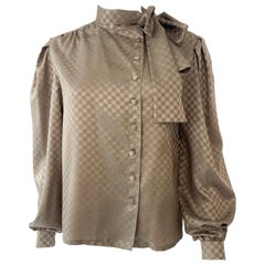 Blusa con Lazo de Viscosa Sedosa Estampado Geométrico Marrón, Talla 6/8, Años 80