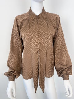 Silky Viscose Bow Blouse Top Cocoa Brown Geometric Print Size 6/8, 1980s