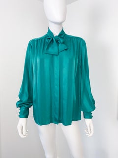 Silky Viscose Bow Blouse Top Emerald Green Stripes Size 12/14, 1980s