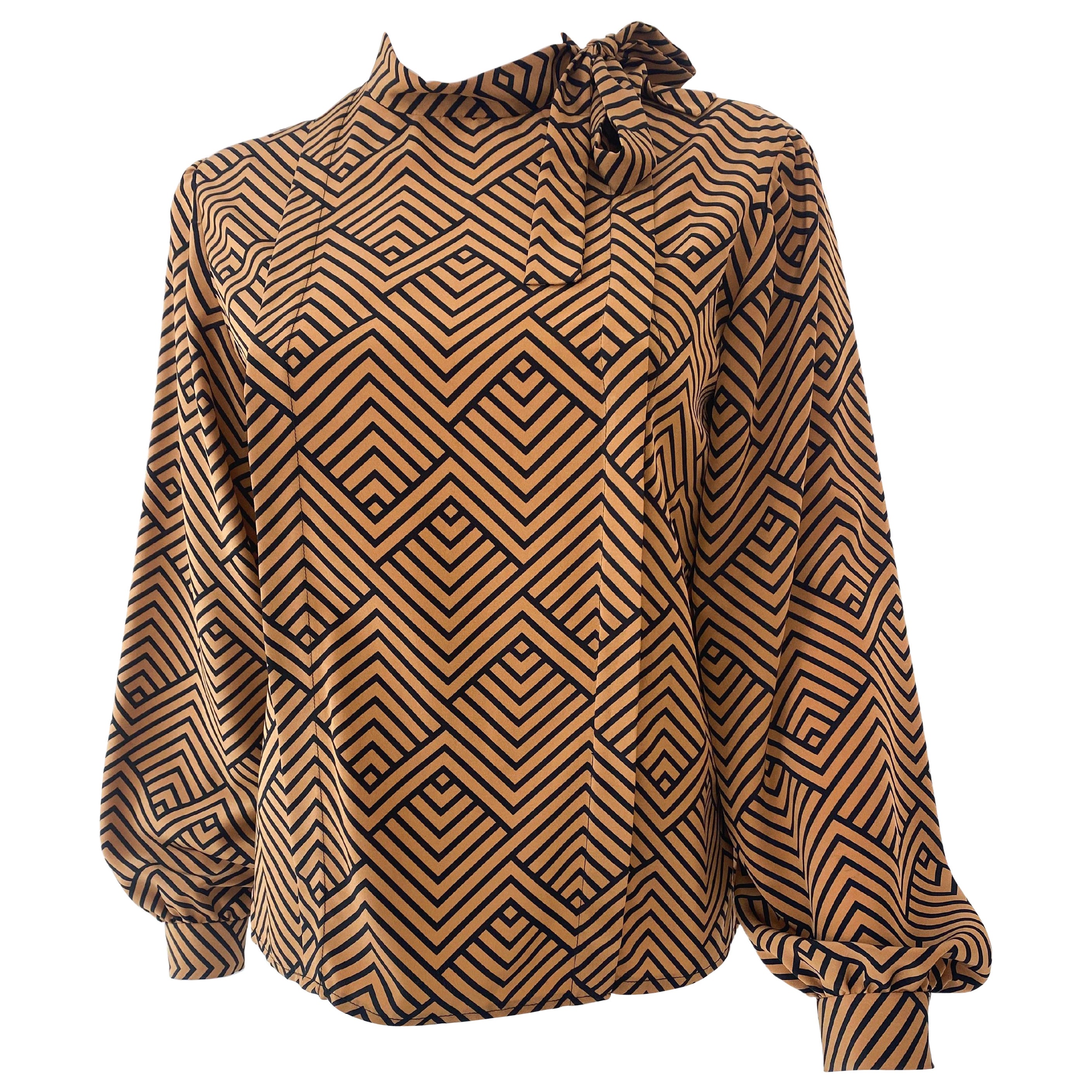 Blusa con lazo de viscosa sedosa y estampado Zig Zag naranja, talla 6/8, años 80 en venta